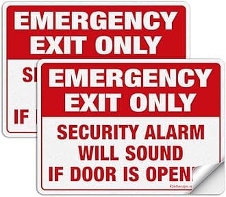 Emergency Exit Only Sticker, Emergency Exit Only - Security Alarm Will Sound If Door is Opened Label, 2 Pack, 10 x 7 inch Self-Adhesive Vinyl Decal Stickers, Reflective, UV Protected, Waterproof
