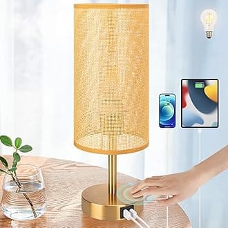 Yarra-Decor Bedside Lamp with USB Port - Touch Control Table Lamp for Bedroom Wood 3 Way Dimmable Nightstand Lamp with Round Flaxen Fabric Shade for Home Office (LED Bulb Included) (Y - NET)