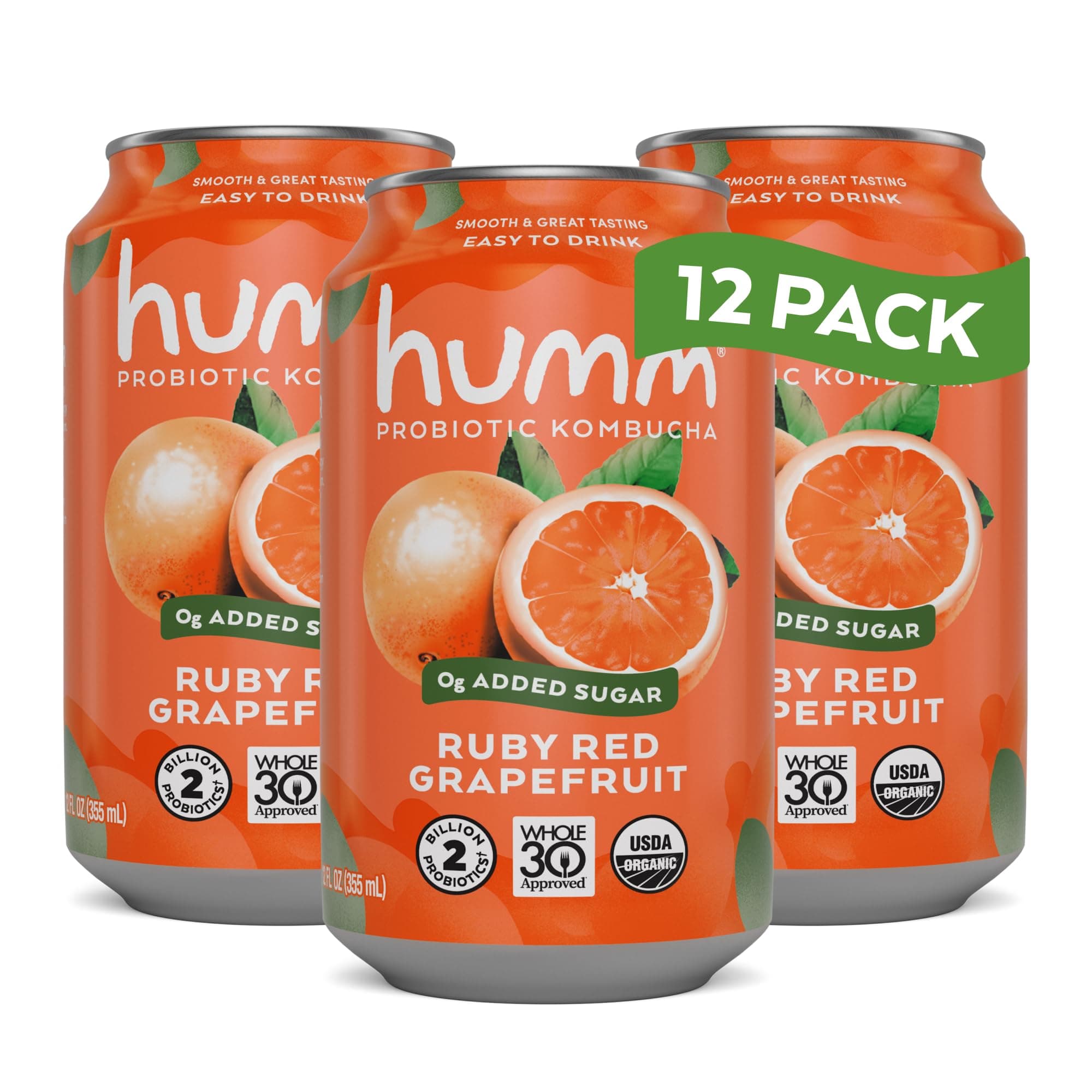 Humm Whole30 Approved Kombucha, Ruby Red Grapefruit, Organic, Vegan & GMO Free (12 Pack)
