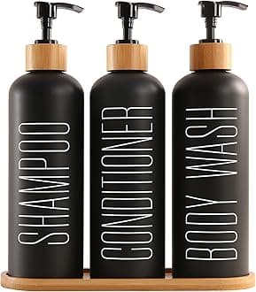 Shampoo and Conditioner Dispenser with Bamboo Pumps & Tray, Perfect for Bathroom Essentials for New Home (Black)