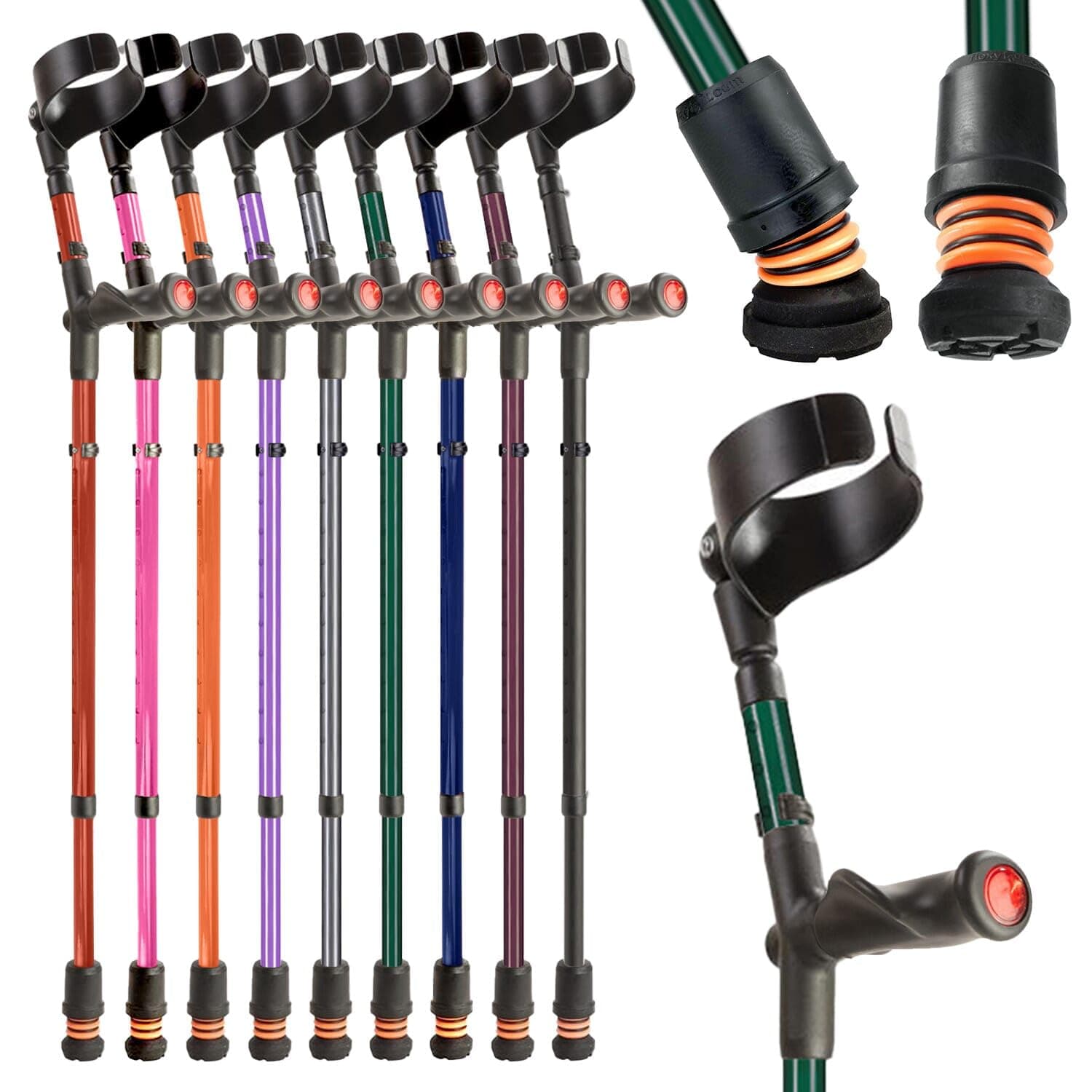 Flexyfoot Shock Absorbing Comfy Grip Double Adjustable Crutch - Single Left - British Racing Green - Improves Safety, Improves Grip, Reduces Shocks & Jarring