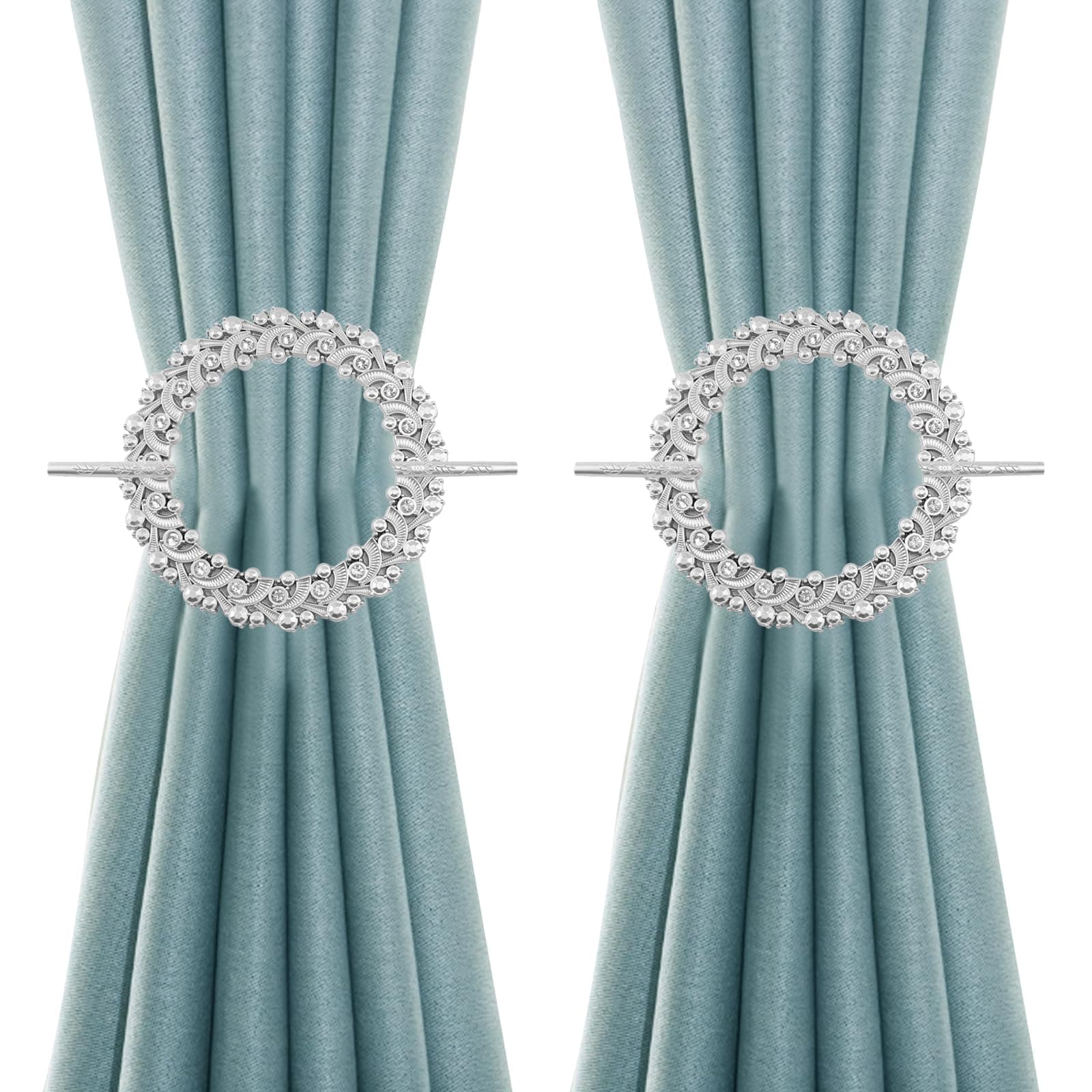 2 Pack Silver Curtain Tiebacks Round Curtain Holdbacks Plastic Curtain Clips Buckle Drapery Holdbacks Crystal Drapery Tiebacks for Home Window Decoration, with Fixing Rod (20 Crystals, Silver)