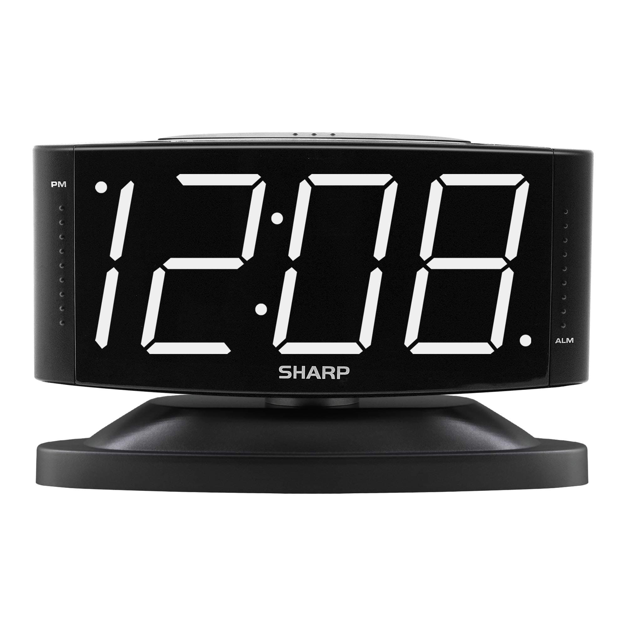 SHARP Home LED Digital Alarm Clock – Swivel Base - Outlet Powered, Simple Operation, Alarm, Snooze, Brightness Dimmer, Big White Digit Display, (Black-White LED)