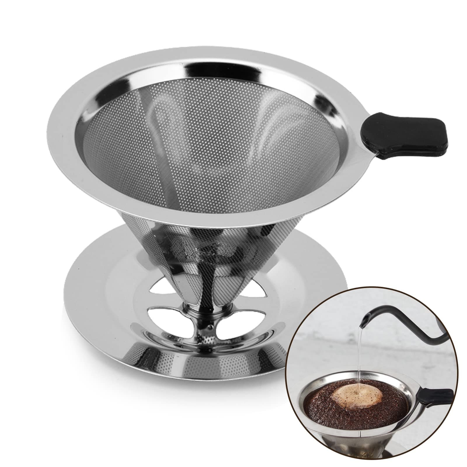 Coffee Filter, Reusable Stainless Steel Mesh Dripper, Permanent Pour Over Coffee Dripper, Paperless Drip Cone Coffee Filter with Holder Kitchen Tools for Manual Coffee Maker, 1-3 Cups