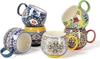 HENXFEN LEAD Boho Ceramic Coffee Mugs Set of 6 – 20 oz Large Porcelain Cups for Latte, Cappuccino, Tea, Cocoa & Soup – Microwave & Dishwasher Safe