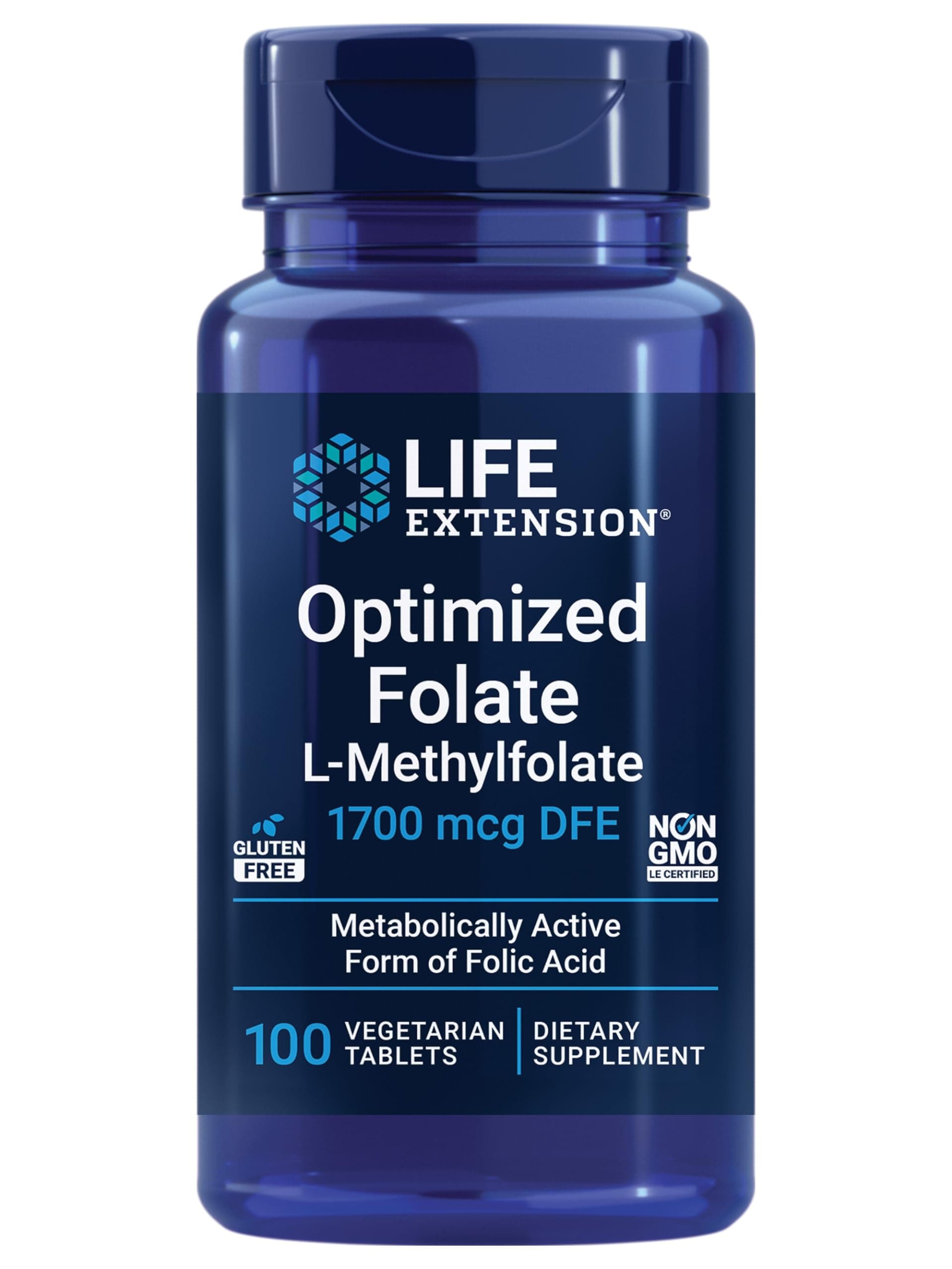 Life Extension Optimized Folate (L-Methylfolate) – Supports Heart & Brain Health – Non-GMO, Gluten-Free, Vegetarian –1700 mcg DFE — 100 Vegetarian Tablets