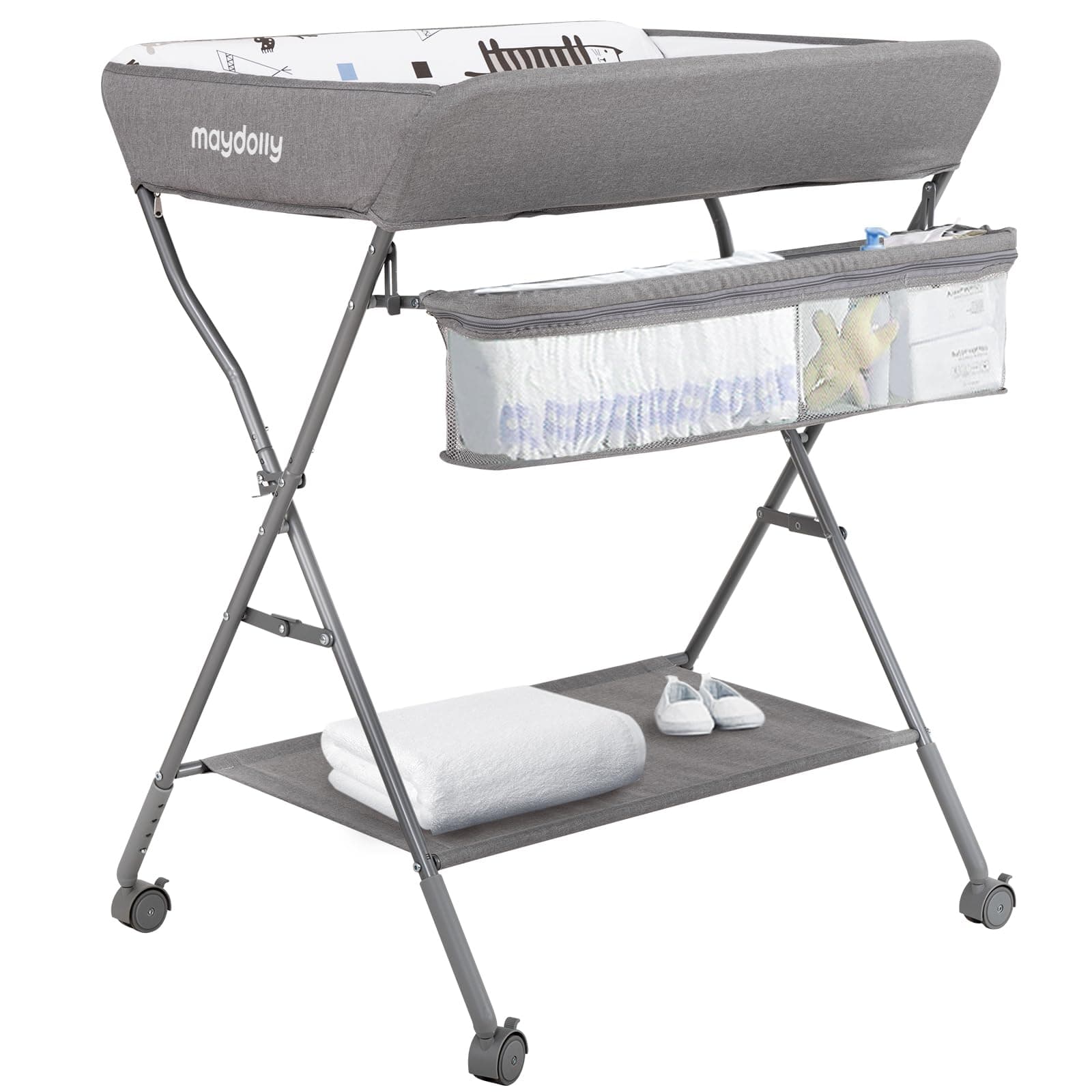 Maydolly Baby Changing Table with Wheels, Portable Adjustable Height Folding Diaper Station with Nursery Organizer & Storage Rack for Newborn Baby and Infant (Light Grey)