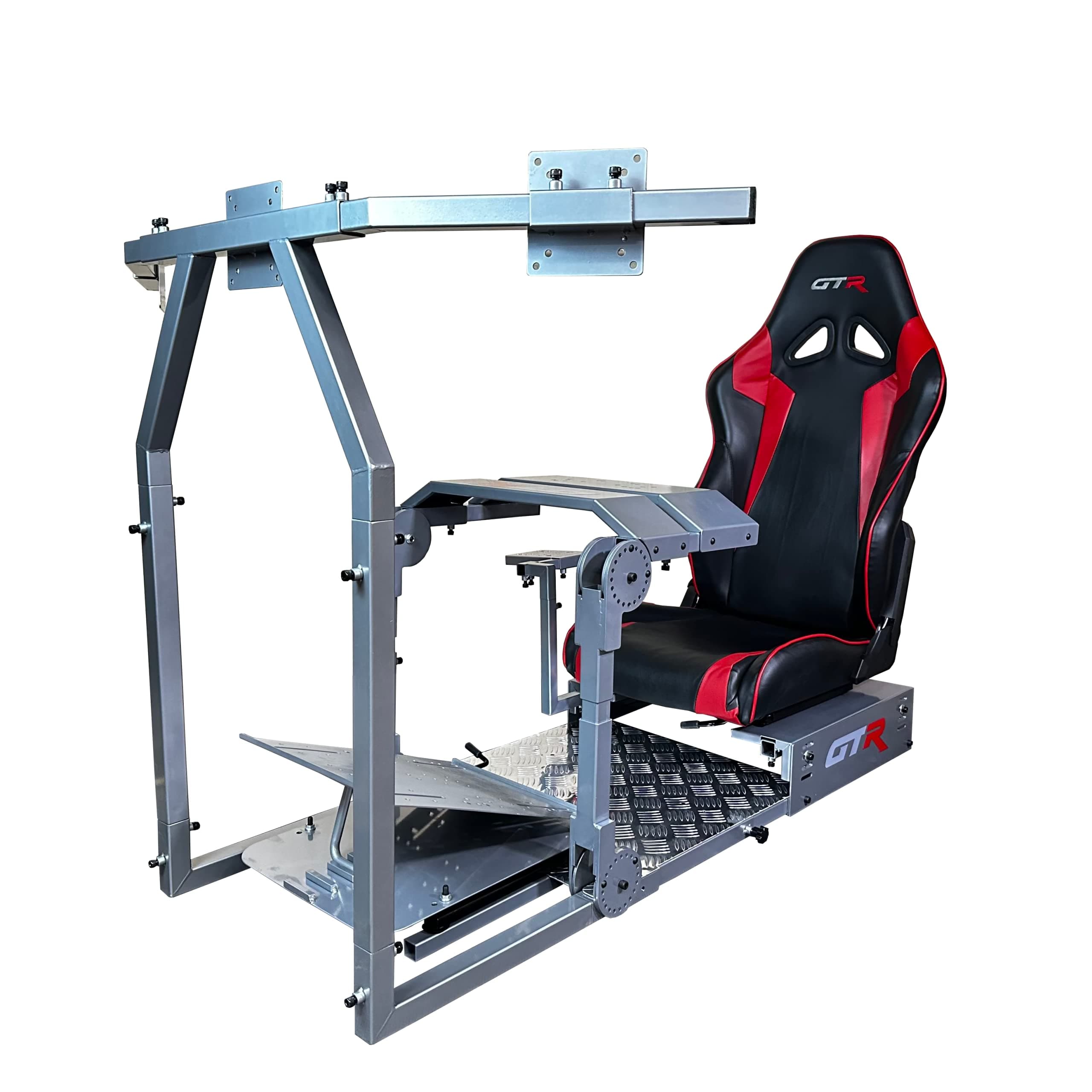 GTA-Pro Model Racing Simulator, Small Triple Mount, Fits up to Three 24" TV Monitors, Diamond Silver Frame, Black and Red Seat