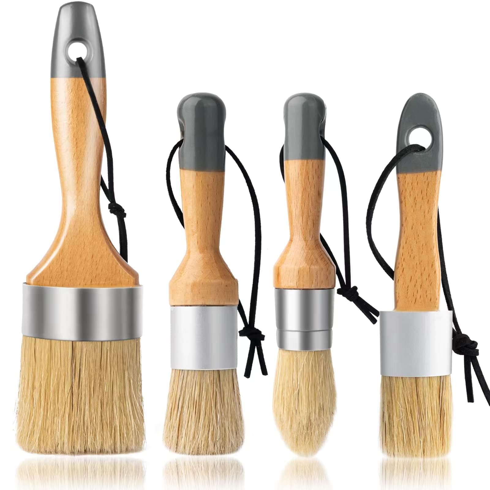 Chalk Paint Brush Set: 4PCs - 3 Small Wax Brushes & 1 Large Chalk Paint Brush for Furniture/Acrylic/Milk Paint, Natural Bristles