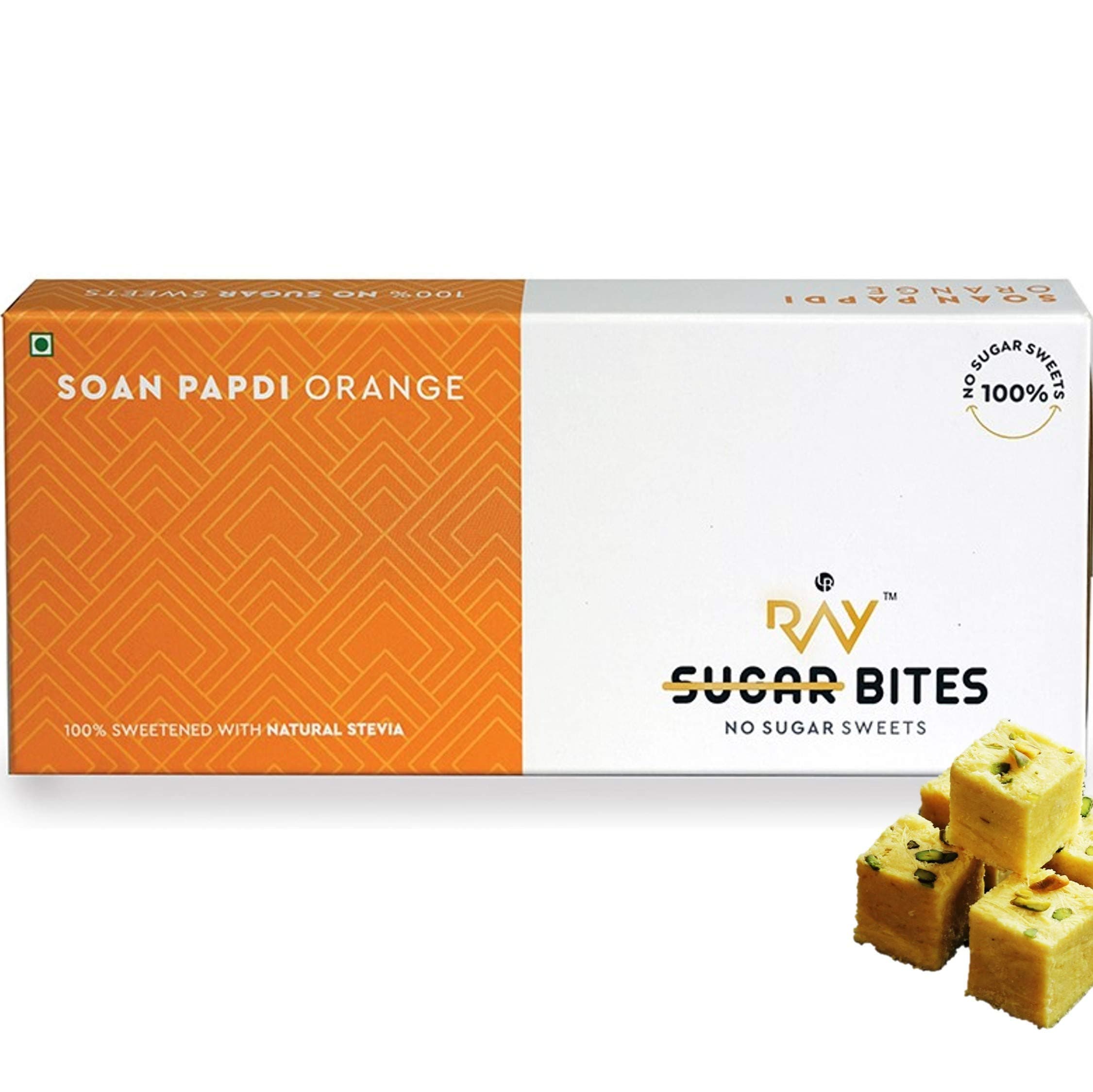 No Sugar Bites Soan Papdi- 100% Sugar-Free Indian Mithai Made with Natural Plant Sweetener Stevia (Flavour - Orange) (200 gm)