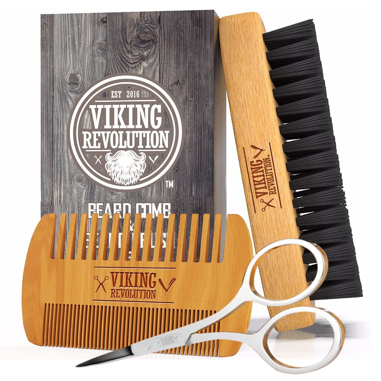 - Viking Revolution Beard Comb & Beard Brush Set for Men -- Natural Boar Bristle Brush and Dual Action Pear Wood Comb w/Velvet Travel Pouch - Great for Grooming Beards and Mustaches