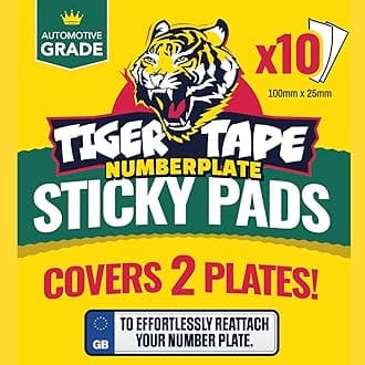 Tiger Tape® Number Plate Extra Sticky Pads. Covers 2 UK License Plates. Highway Code Ready, Automotive Grade Car Vehicle Registration Adhesive | No drilling required, No damage. 10 Pre-Cut Strips.