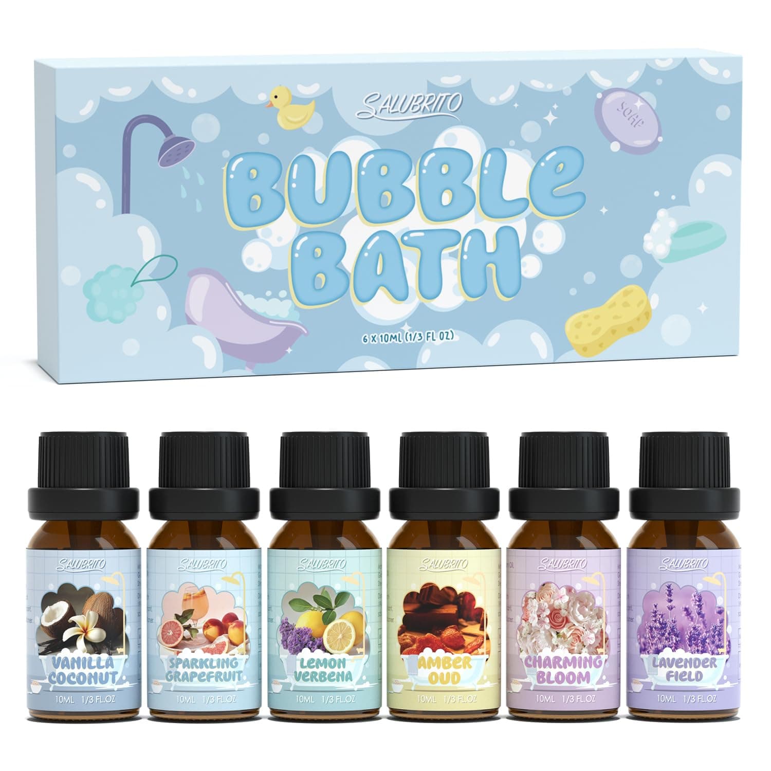 SALUBRITO Bath Fragrance Oils, Premium Essential Oil Set for Diffuser, Soap, Candle Making Scents, Vanilla & Coconut, Sparkling Grapefruit, Lemon Verbena, Amber Oud, Charming Bloom, Lavender Field