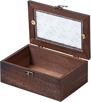 Wooden Storage Box with Front Clasp & Hinged Glass Lid, 6.9"x4.7"x2.7" Wood Keepsake Boxes for Jewelry, Card, Peals, Rustic Memory Gift Box Wedding, Anniversaries，Birthday,Vintage Color