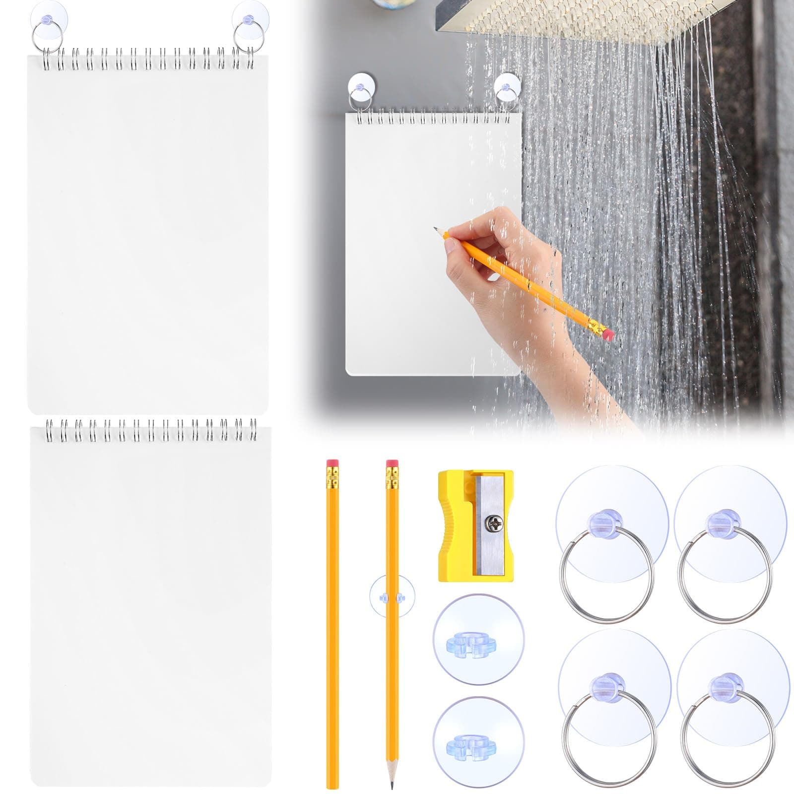 2 Sets Shower Notepad Waterproof with Pencil Suction Cup Pencil Sharpener Sets Shower Notebook with Waterproof Paper for Bathroom Home Office Wall
