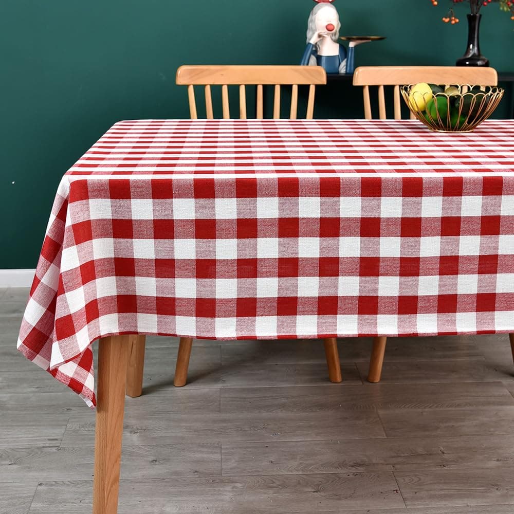 Gingham Table Cloth, Heavy Duty Cotton Blend Christmas Tablecloth for Square Tables Checkered Xmas Tablecloth for Kitchen Dinning Tabletop Decoration (Red, 135 x 135 cm)