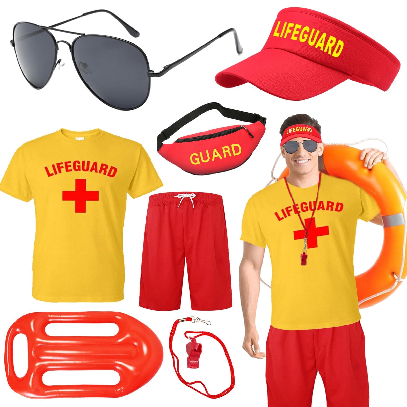 7 Pcs Life Guard Costume Set Guard Accessories Kit Include T-shirt Shorts Hat Fanny Pack Whistle Inflatable Float Prop Sunglasses Life Guard Fancy Dress for Men Women Halloween Cosplay Dress Up Party