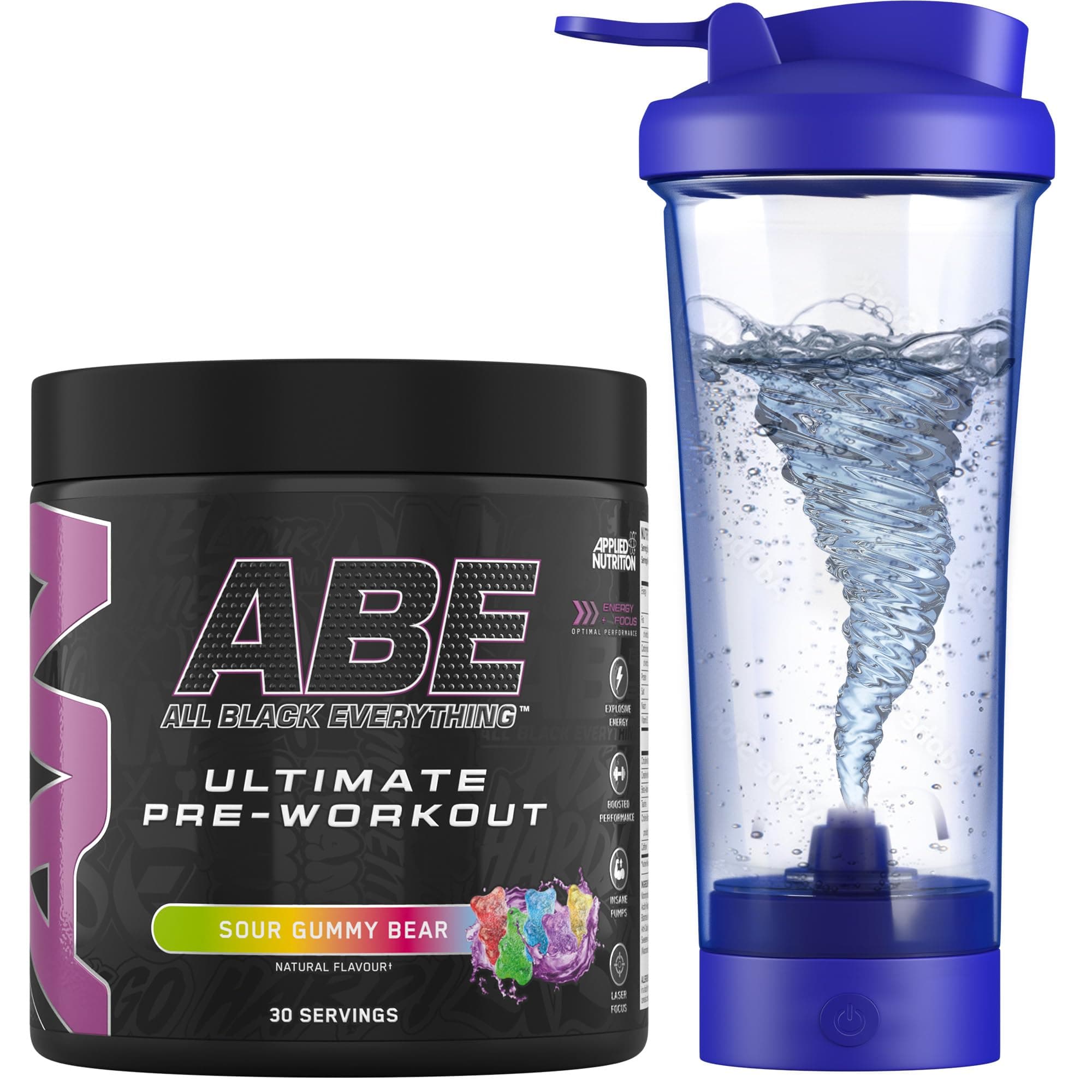 Applied Nutrition Bundle ABE Pre Workout 375g + Electric Shaker | All Black Everything Pre Workout Powder, Energy Drink, Physical Performance, Creatine, Beta Alanine, Caffeine (Sour Gummy Bear)