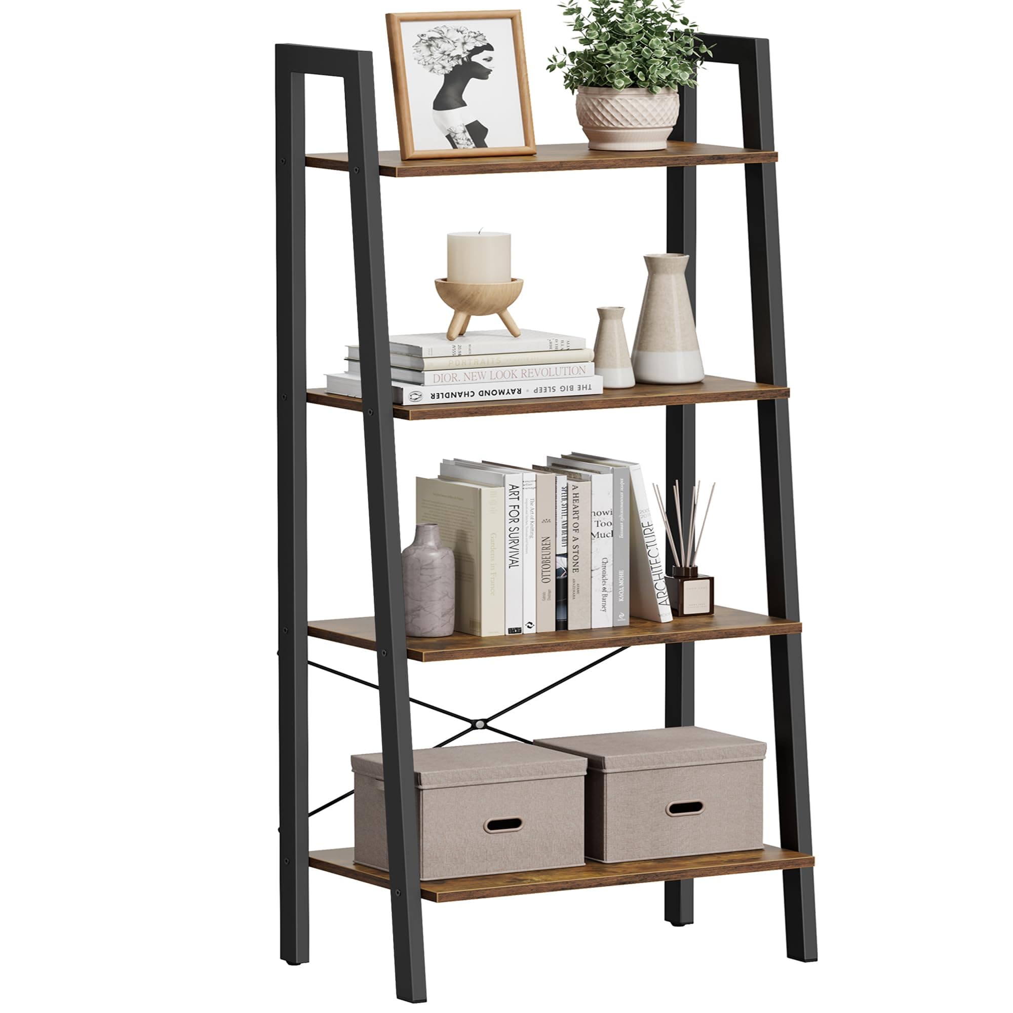 Ladder Shelf, 4-Tier Bookshelf, Storage Rack, Bookcase with Steel Frame, for Living Room, Home Office, Kitchen, Bedroom, Industrial Style, Rustic Brown and Ink Black ULLS44X