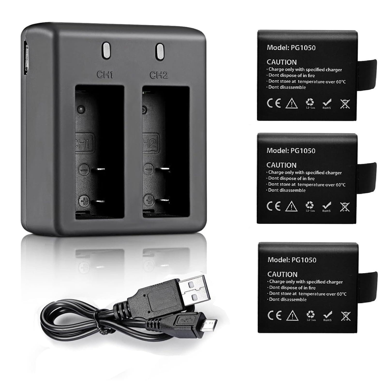 Action Camera Battery Pack 3 Pcs 3.7V 1050mAh Rechargeable Li-ion Batteries with USB Charger, Compatible with SJCAM SJ4000 SJ5000/Victure AC700 AC900/AKASO EK7000/Brave 4/APEMAN