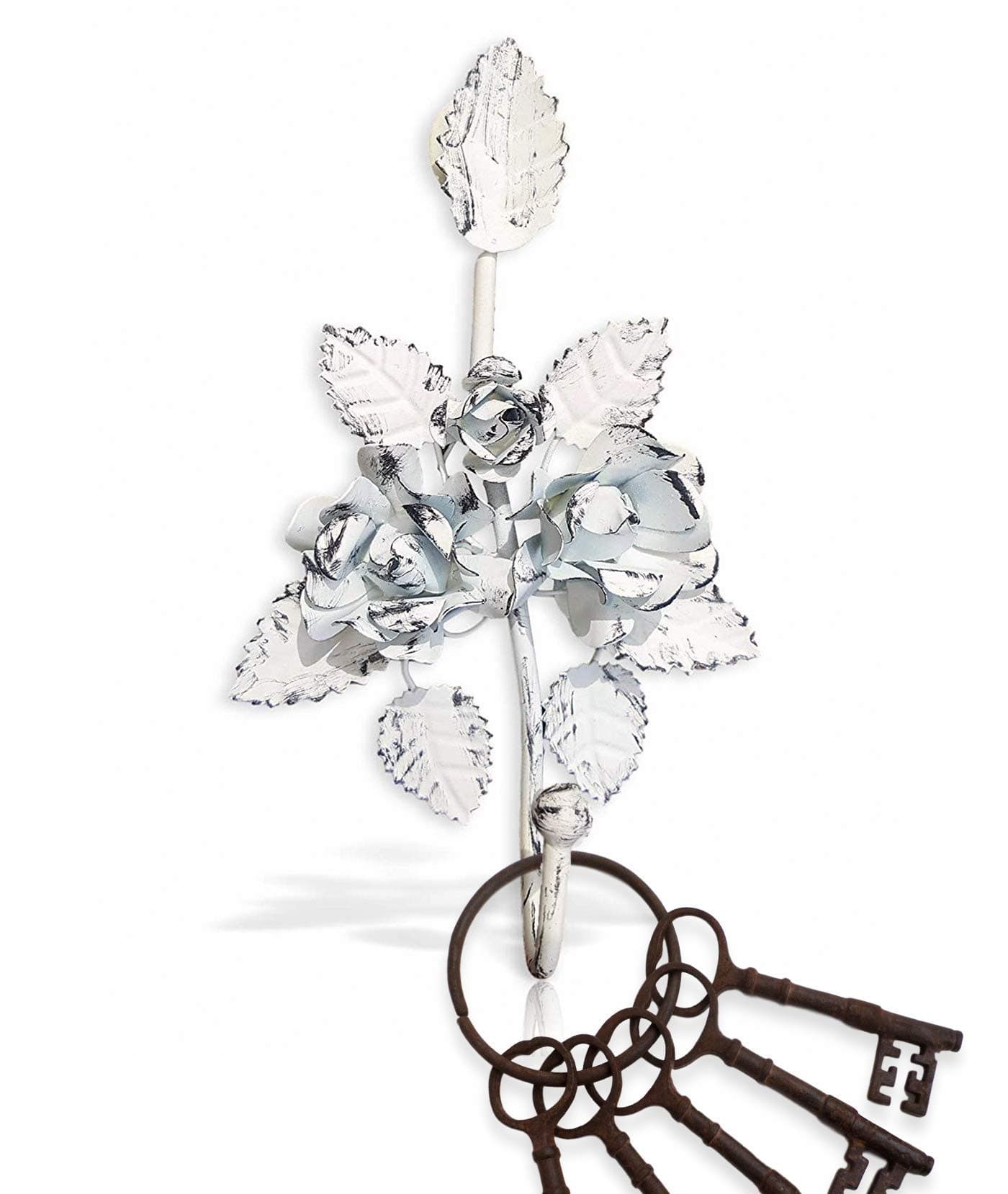 Key Holder for Wall Décor. Wall Hook Decorative. Shabby Chic Keys / Coat / Towel Hooks. Pretty Glam Hook for Keys with Metal Floral Design (White)