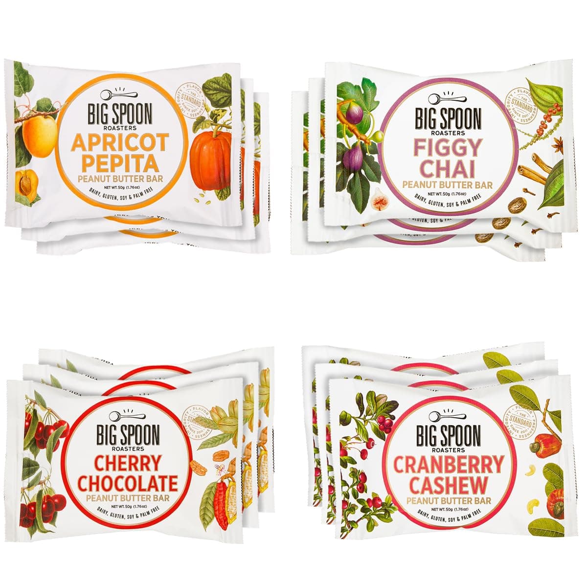 - Big Spoon Roasters Nut Butter Bars Pack Cherry Pecan, Apricot Pepita, Cranberry Cashew & Figgy Chai High Protein Bars Variety Pack with Non GMO Pea Protein 12 Count (3 of Each Flavor) 1 Case Variety