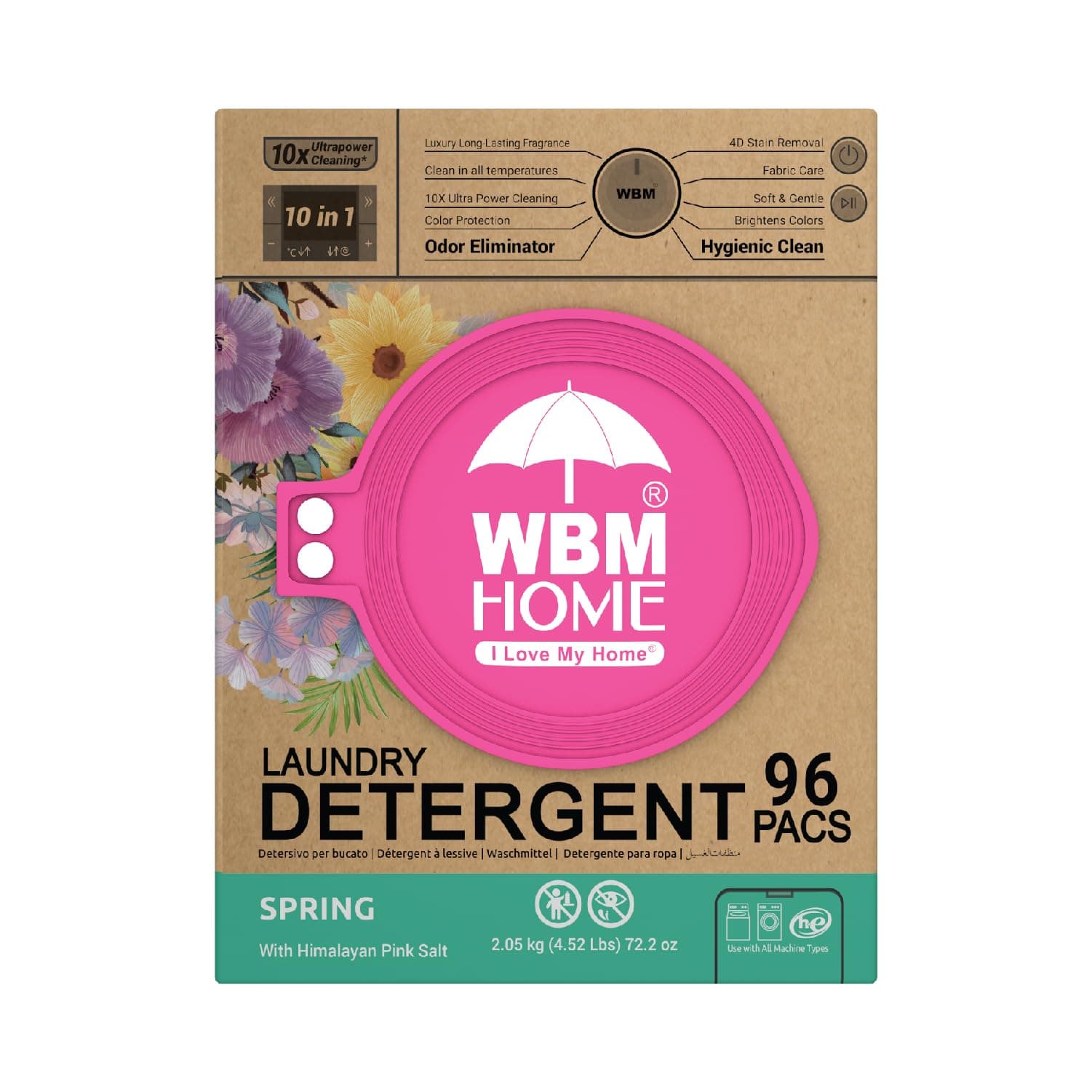 WBM Home Laundry Detergent Pods, Spring Fragrance Scent, 96 Count - HE Concentrated Laundry Pods With 10x Ultrapower Cleaning and 4D Laundry Stain Remover