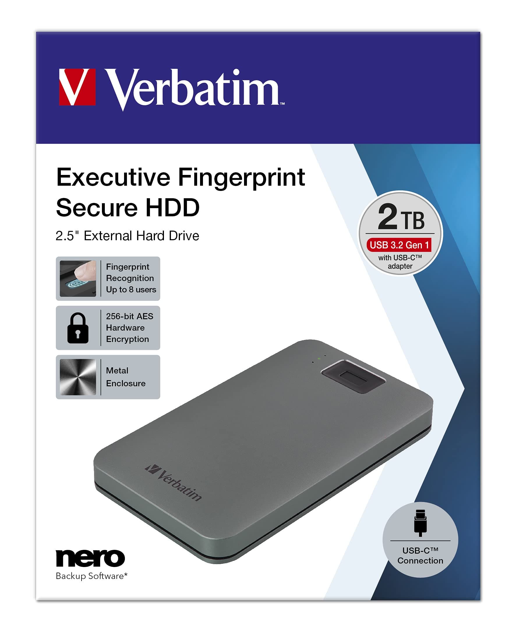 Verbatim Executive Fingerprint Secure HDD, 2TB, Grey, External Hard Drive with Fingerprint Scanner, USB 3.1 GEN 1, for Windows & Mac OSX, Portable Hard Drive, USB-C Hard Drive