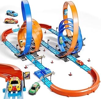 Car Race Track Set for Kids 3 4 5 6 7 8 9 Years Old,Racing Game car Toys,Boys Toy Girls 6-12,72PC DIY 34 ft Track with 4 Small Cars, Gifts for Kids 3-5