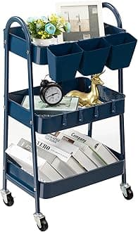 danpinera 3-Tier Rolling Cart, Utility Cart Mobile Metal Rolling Storage Cart with Lockable Wheels & Hanging Cups & Hooks for Kitchen, Bathroom, Office, Workshop, Dark Blue
