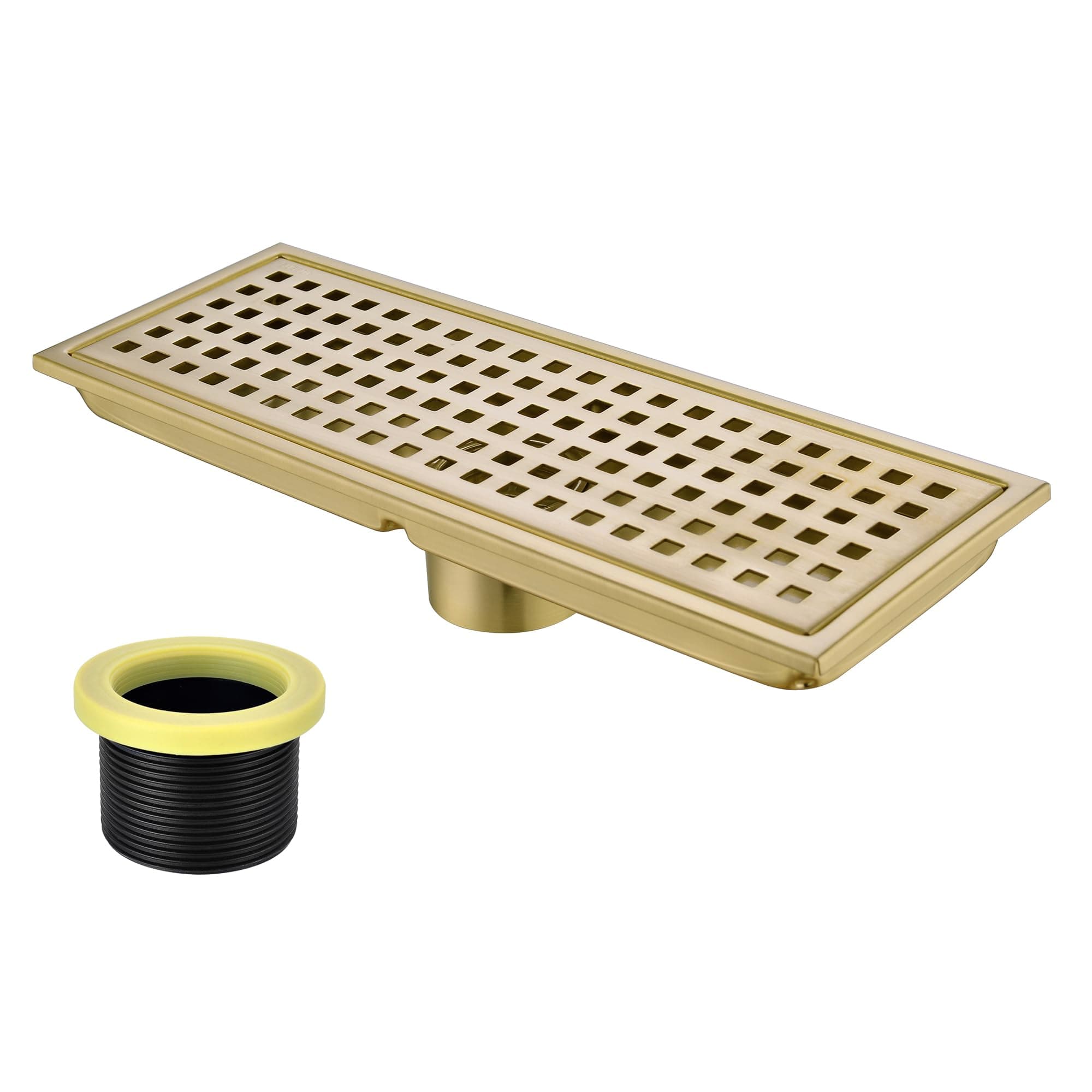 12 inch Stainless Steel Linear Shower Floor Drain with Threaded Adapter, Removable Cover Grid Grate, Brushed Gold Finished