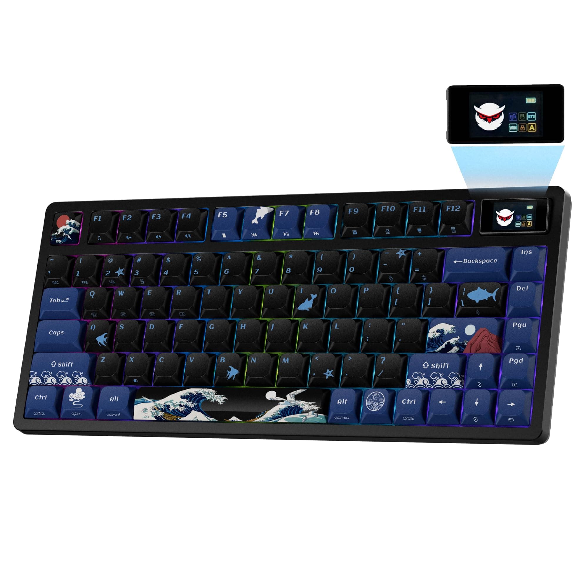 XVX 75% Keyboard with Color Smart Display, L75 Pro Low Profile Gasket Mechanical Gaming Keyboard, Bluetooth 5.1/2.4G Wireless/Type-C Wired Custom Anime Key board with RGB Backlit, Black Kanagawa Theme