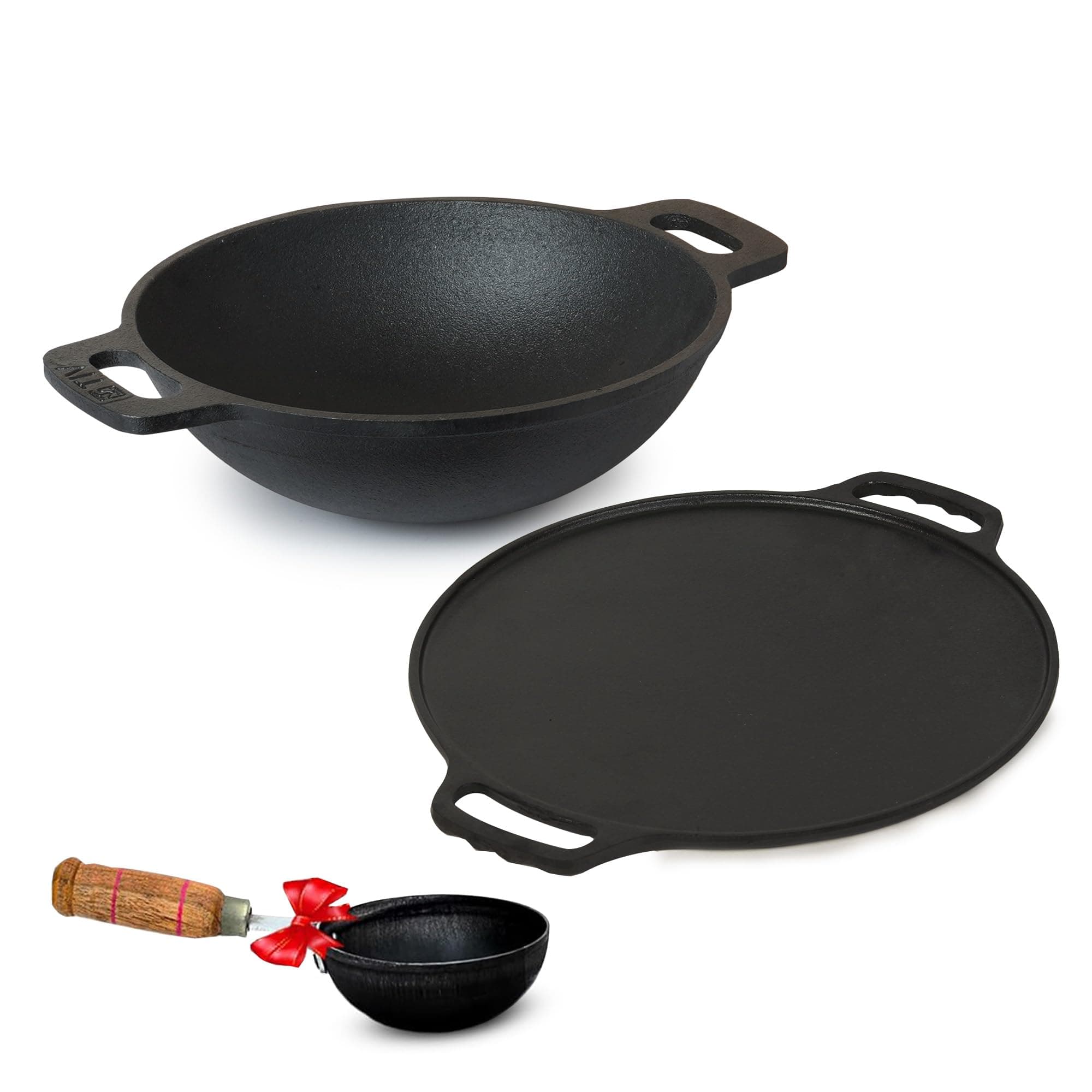 The Indus Valley Pre-Seasoned Cast Iron Cookware Set+ Free Iron Tadka Pan | Tawa (30.5Cm)+ Kadai (25.4 Cm/2.3L) | Kitchen Cooking Combo Pots and Pans Set of 3Pcs | Naturally Nonstick