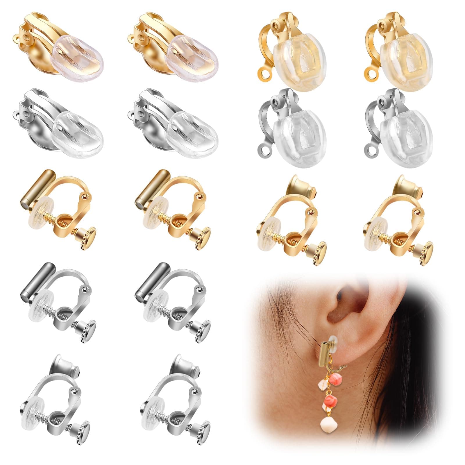 16 Pcs Clip-on Earring Converter Flat Back Tray Earring Clips with Silicon Pads Easy Open DIY Earring Making Backs Components Findings Earring Designs for Women Men Girls Non-Pierced Ears