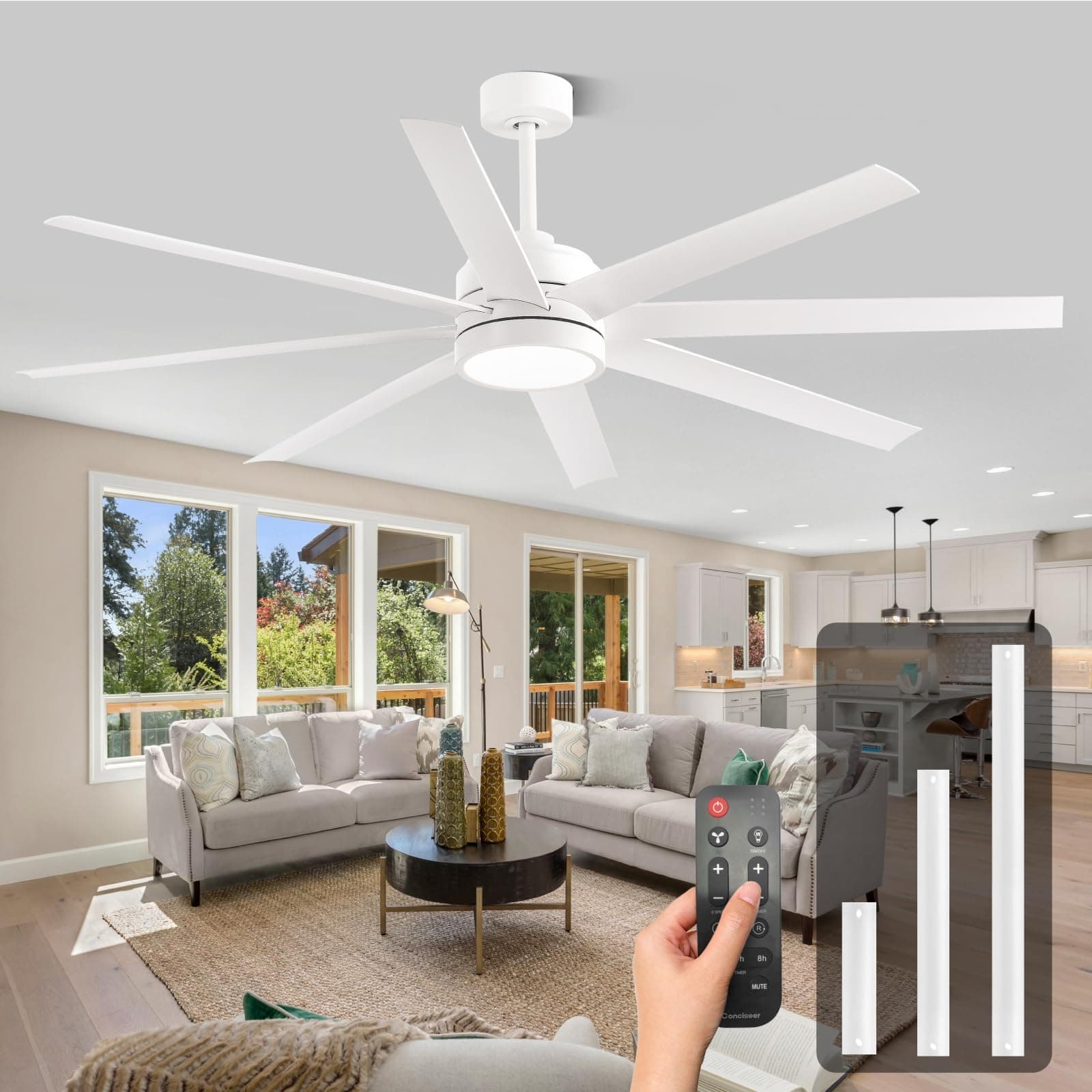 Conciseer Modern Ceiling Fans with Lights, 65 Inch Ceiling Fan with Light and Remote for Living Room Kitchen Office, Indoor/Outdoor Use, 24W 3CCT 8 Blades 6 Speed Reversible Quiet DC Motor, White