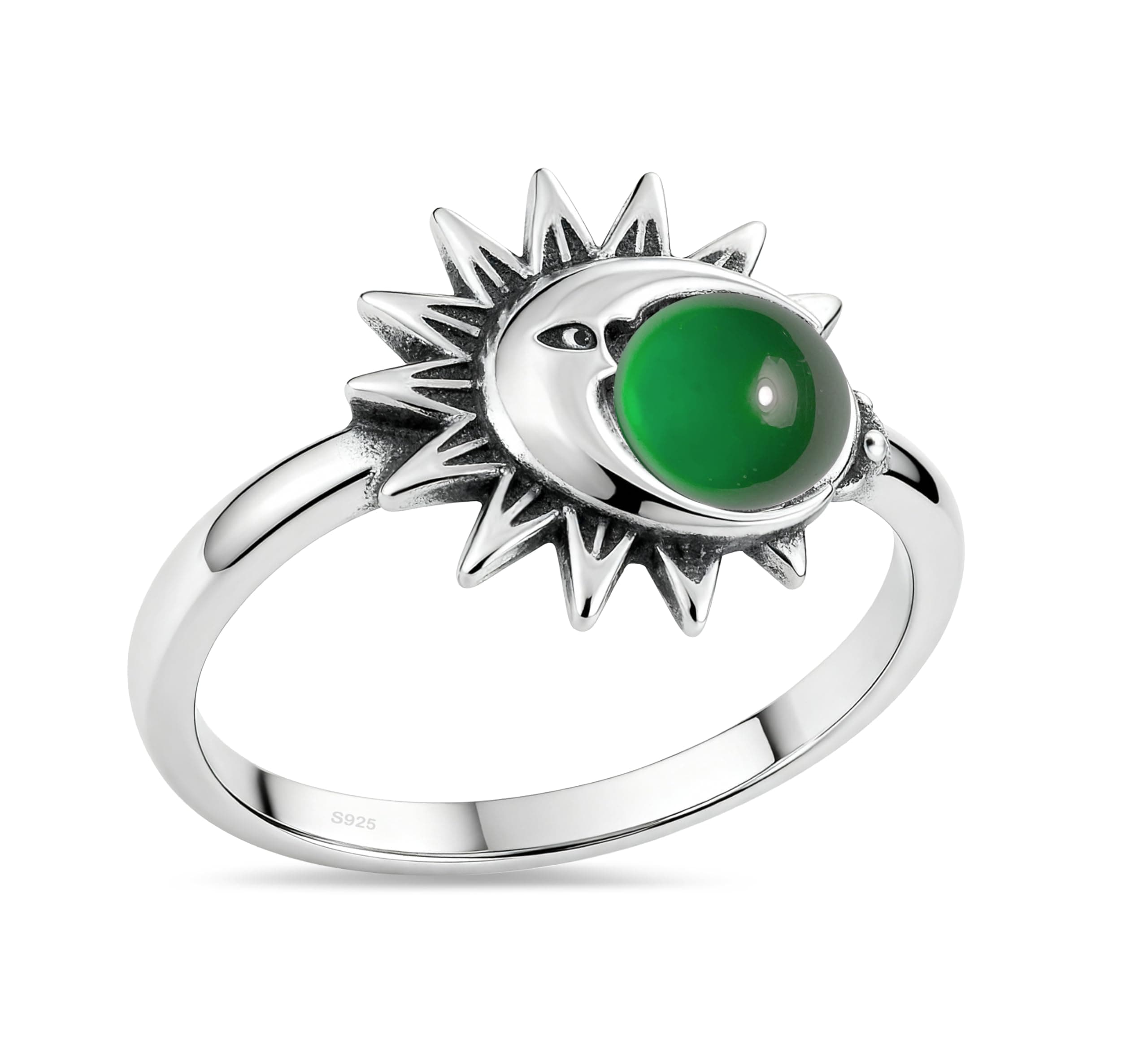 925 Sterling Silver Stone Ring,Natural Round Crystal Gemstone Ring,Sun Moon Statement Boho Bohemian Ring for Women