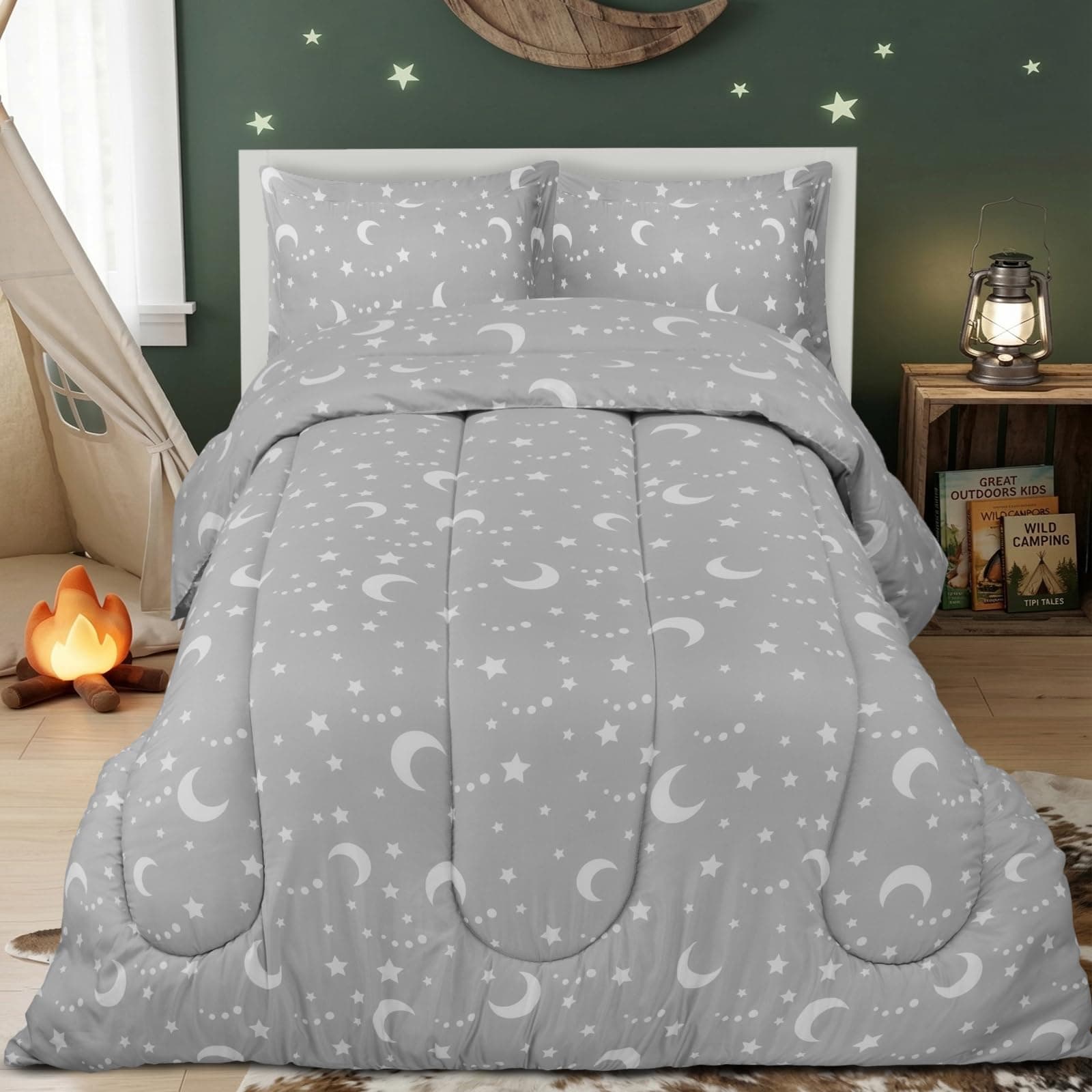 Utopia Bedding Moon Star Kids Comforter Set with 2 Pillow Shams, 3 Piece Soft Microfiber Twin Bed Comforter with Pillow Shams, Printed Kids Bedding for Boys and Girls, Breathable,Easy Care