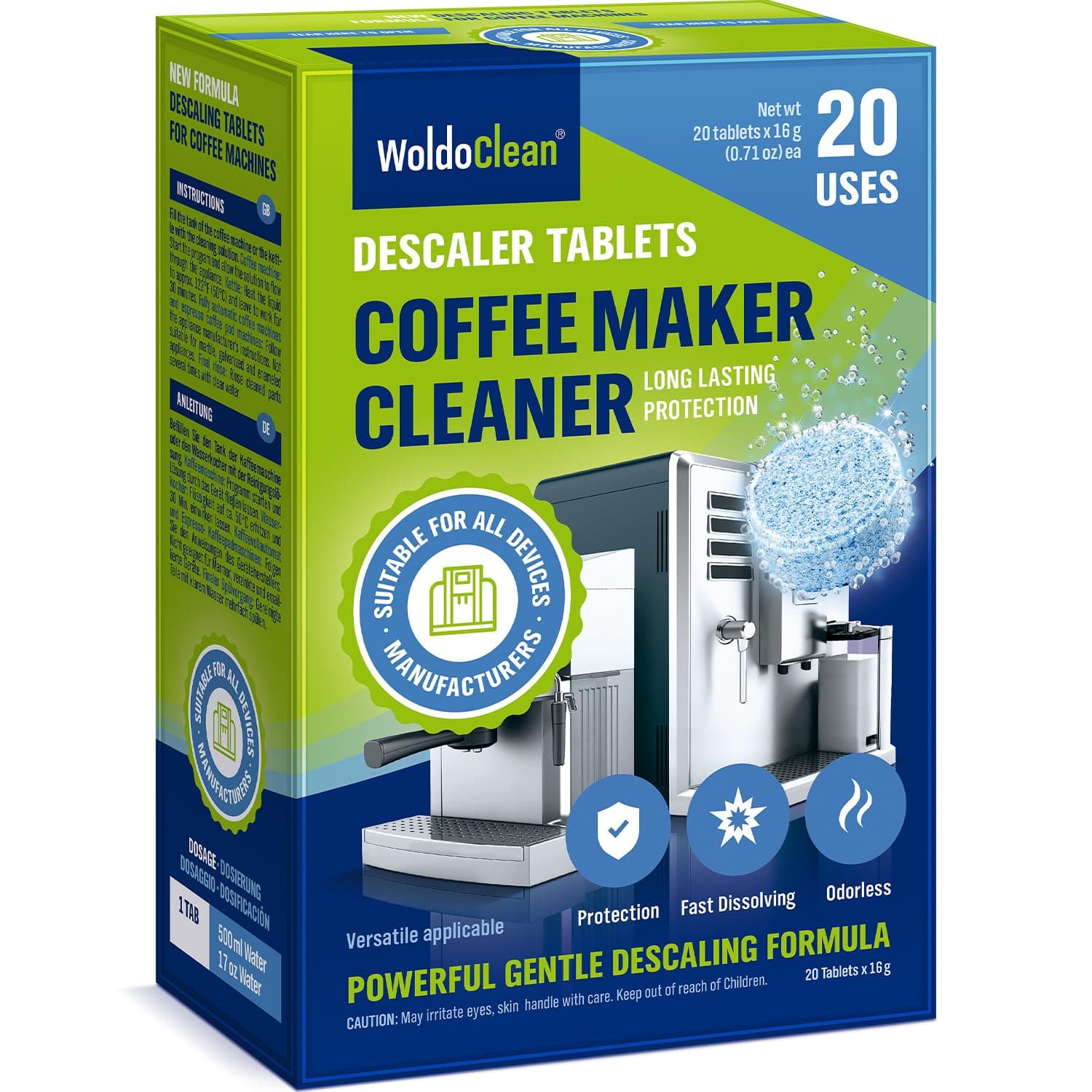 WoldoClean Coffee Machine Cleaner & Descaler Tablets (20 Count) - Universal Descaling Tabs Compatible with Nespresso, Keurig, Ninja, Breville & Drip Coffee Makers, Removes Limescale & Mineral Buildup
