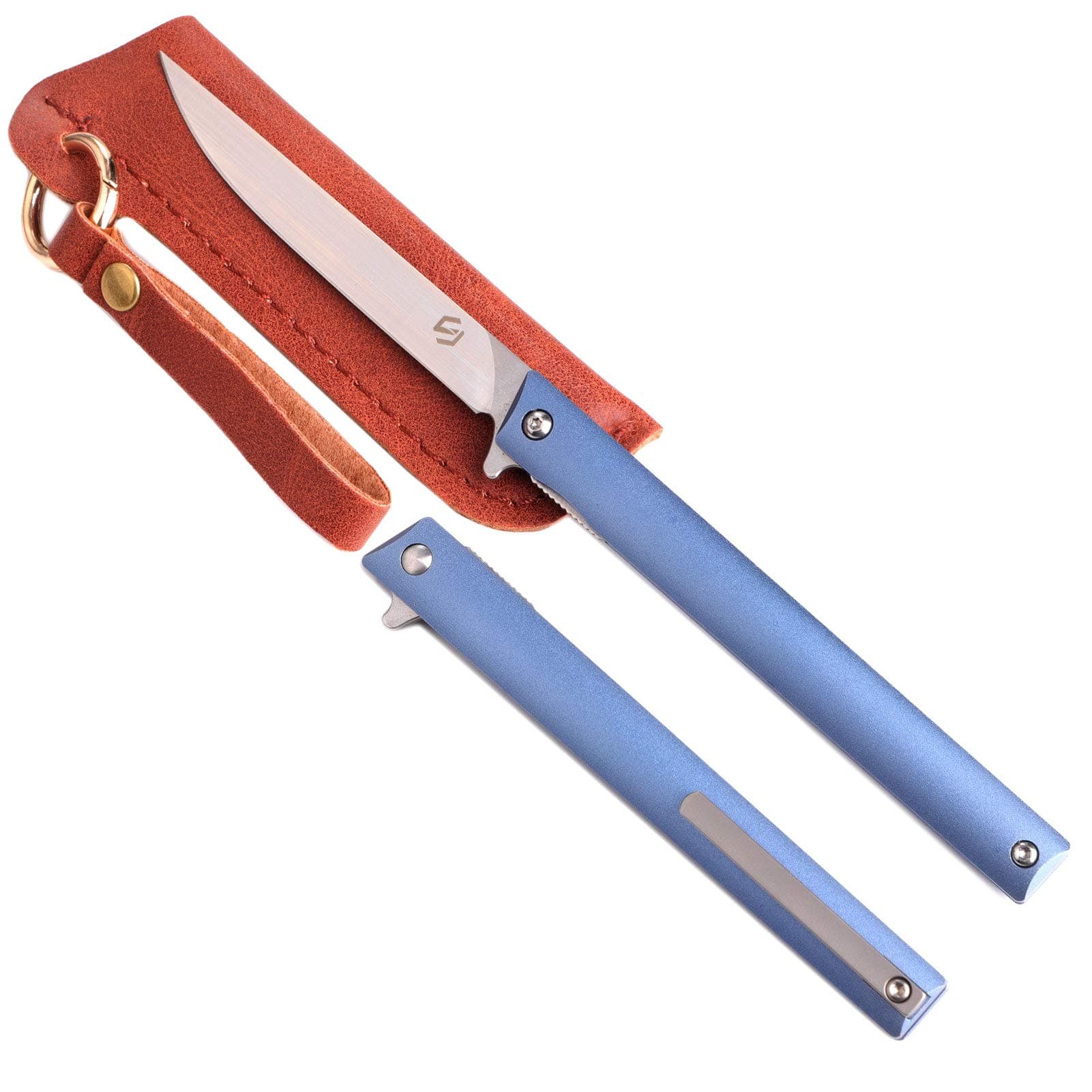 Samior GP035 Small Slim Folding Pocket Flipper Knife, 3.5 inches D2 Drop Point Blade, Aluminum Handle Liner lock, Titanium Pocket Clip Gentleman's EDC Knives, 1.4oz (Blue)