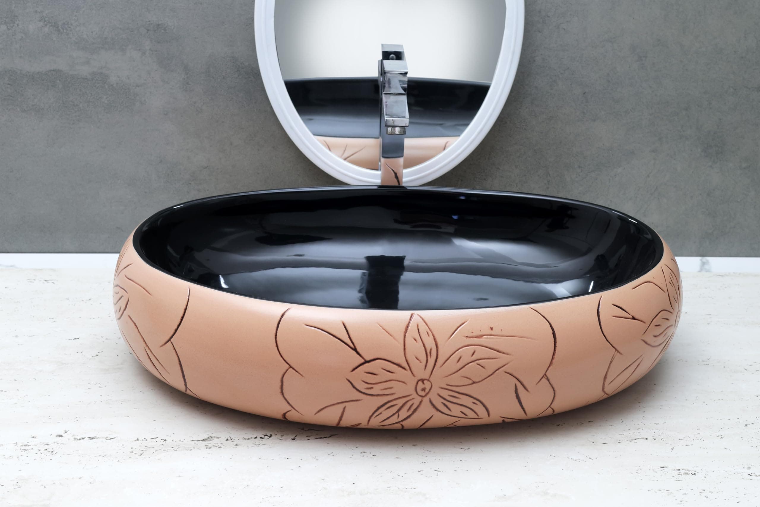 HISRE Designer Ceramic Table Top Sink Basin for Bathroom | Over Counter Wash Basin for Living Room | Washbasin Countertop (24 x 17 x 5.5 Inch) (Style - 4) AG4707