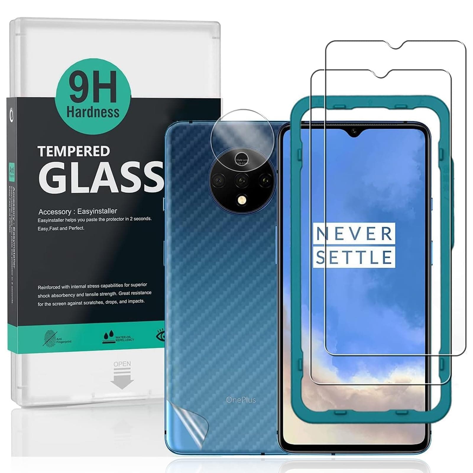 Ibywind Screen Protector For OnePlus 7T,with 2Pcs Tempered Glass,1Pc Camera Lens Protector,1Pc Backing Carbon Fiber Film [Fingerprint Reader,Easy to install]