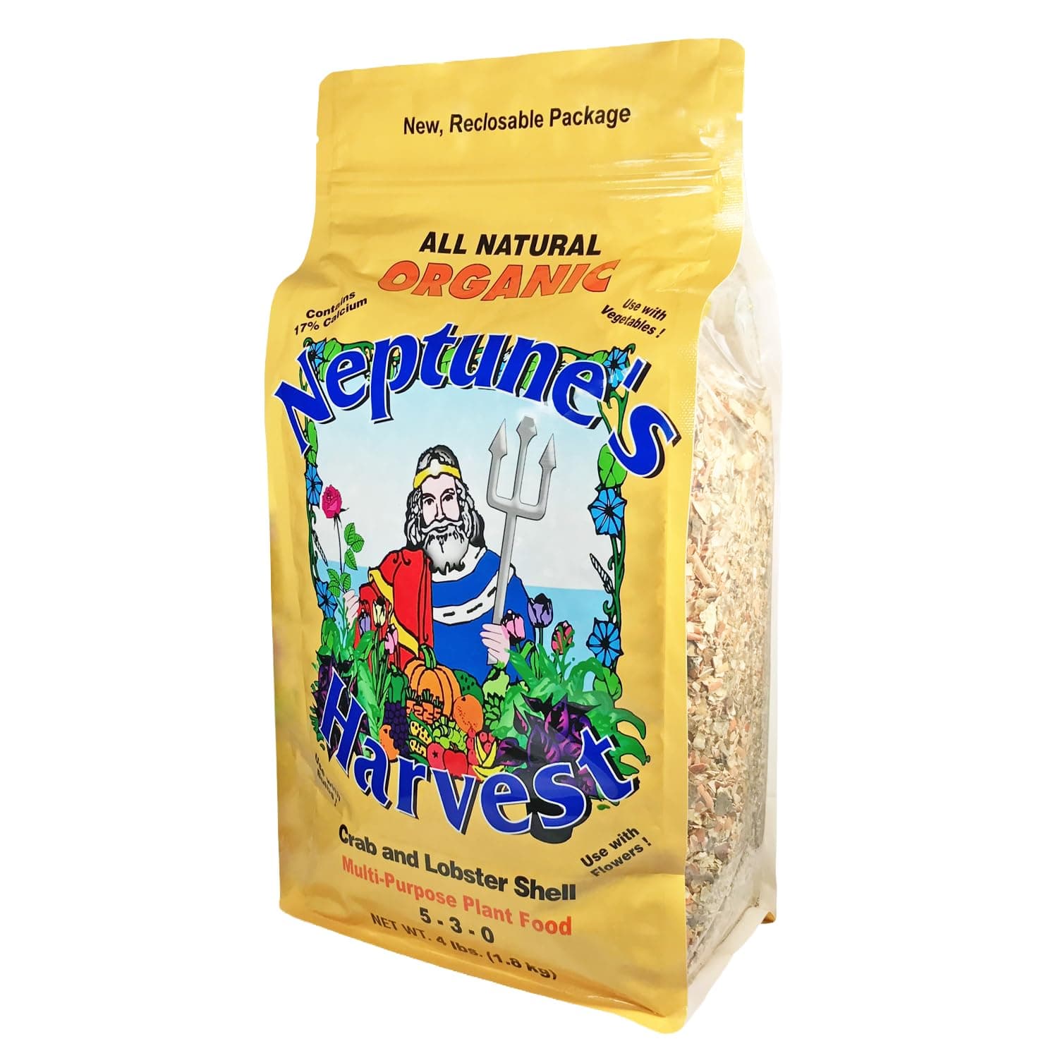 Neptune’s Harvest Organic Crab & Lobster Shell Multi-Purpose Plant Food (5-3-0) - 4 LB Resealable Bag - Rich in Nutrients Soil Fertilizer - Plant Food for Lawns, Gardens, and Vegetables