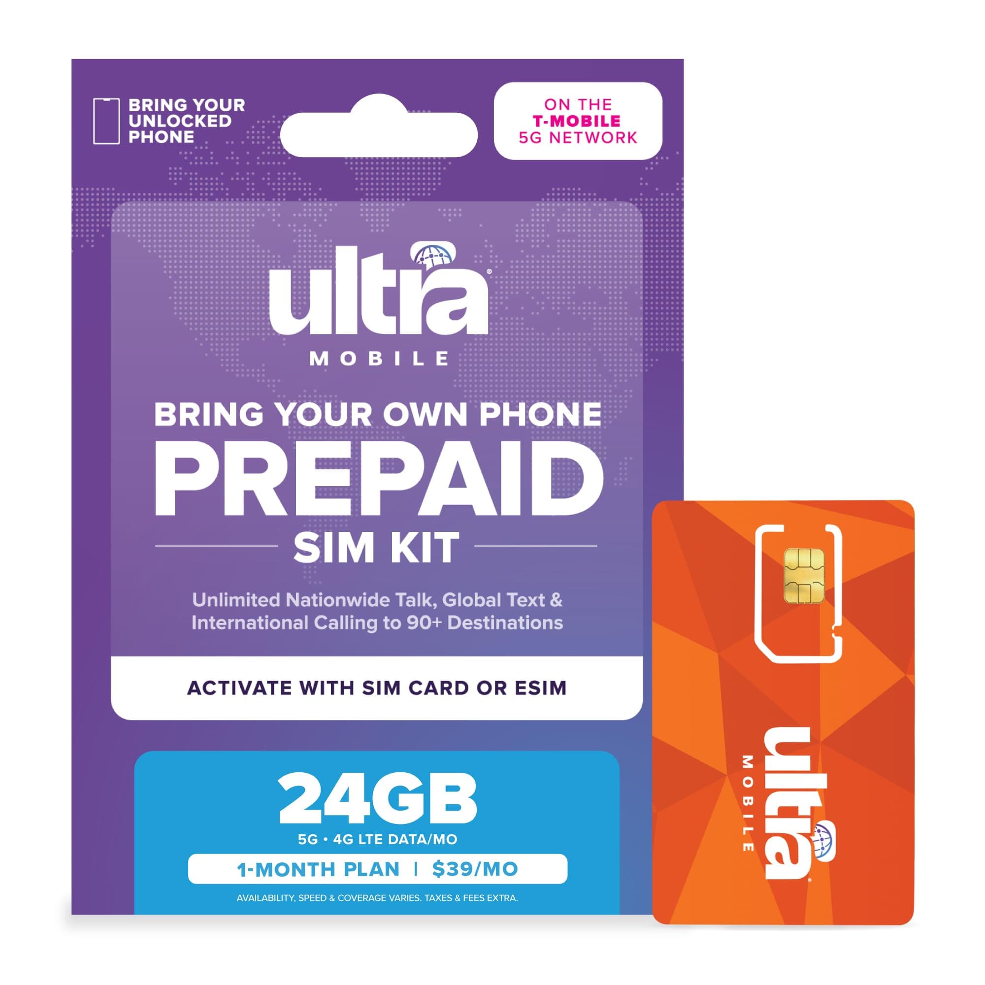 $39/mo. Ultra Mobile Prepaid Phone Plan with Unlimited Talk, Text, & 24GB of 5G • 4G LTE Data for 1 Month (3-in-1 SIM Card Kit)