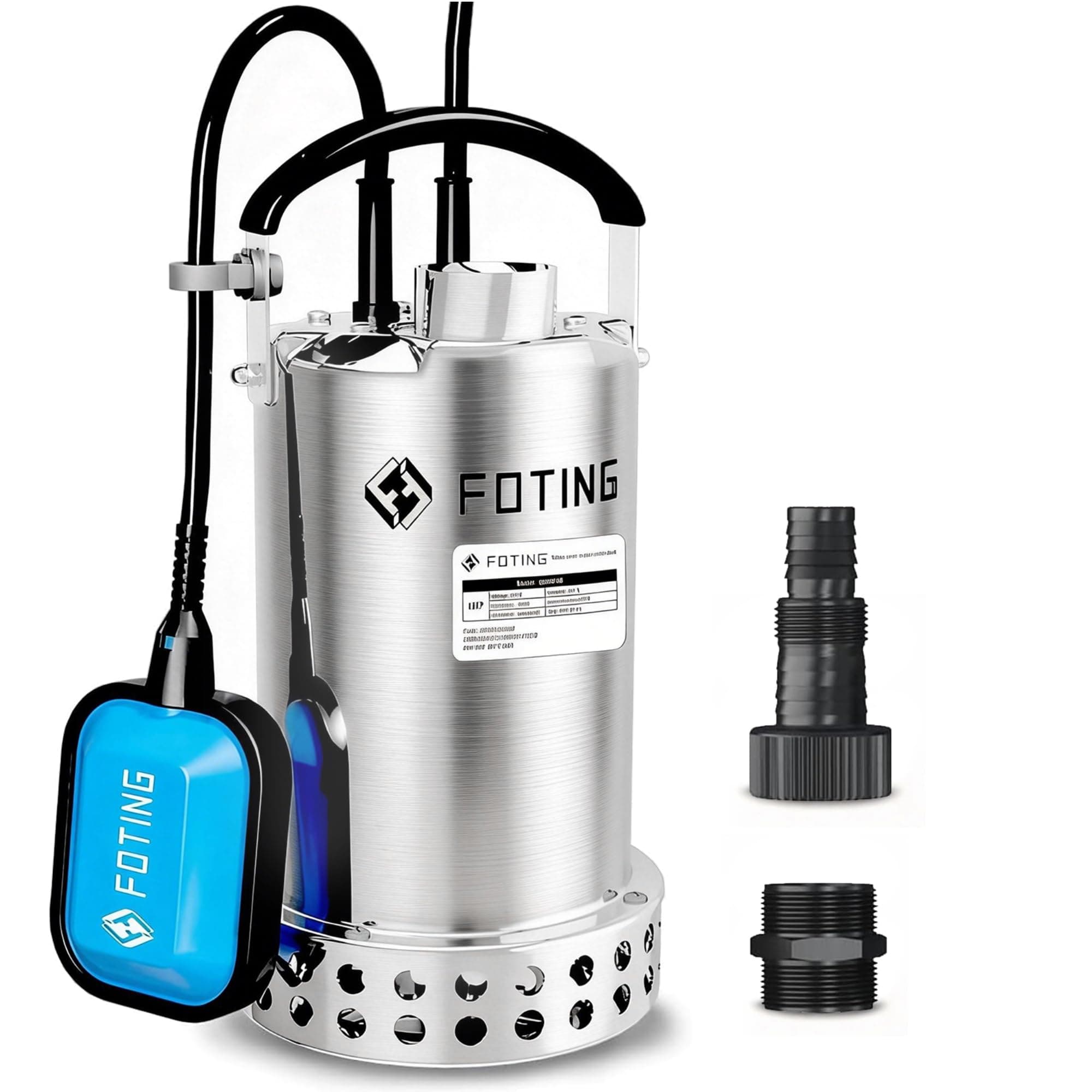 FOTING Full 304 Stainless Steel Sump Pump with Float Switch - 1HP 4600GPH Automatic Submersible Water Pump Fast Water Removal in Pools, Basements, Sewage, Hot Tubs Heater Flush Pit, ponds w/ 10FT Cord