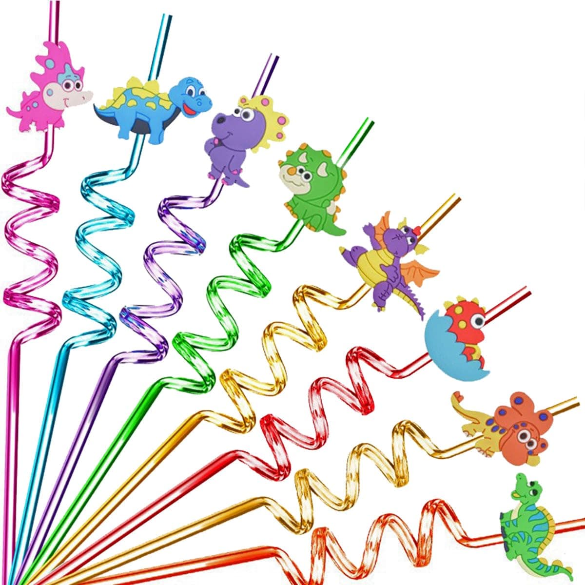 U-HOOME Reusable Twisty Drinking Straws，8PCS Plastic Crazy Drinking Straws Dinosaur Straws Kids Birthday Party Supplies Colorful Dinosaur Plastic Straws for Family Kids or Party Use, 790AP