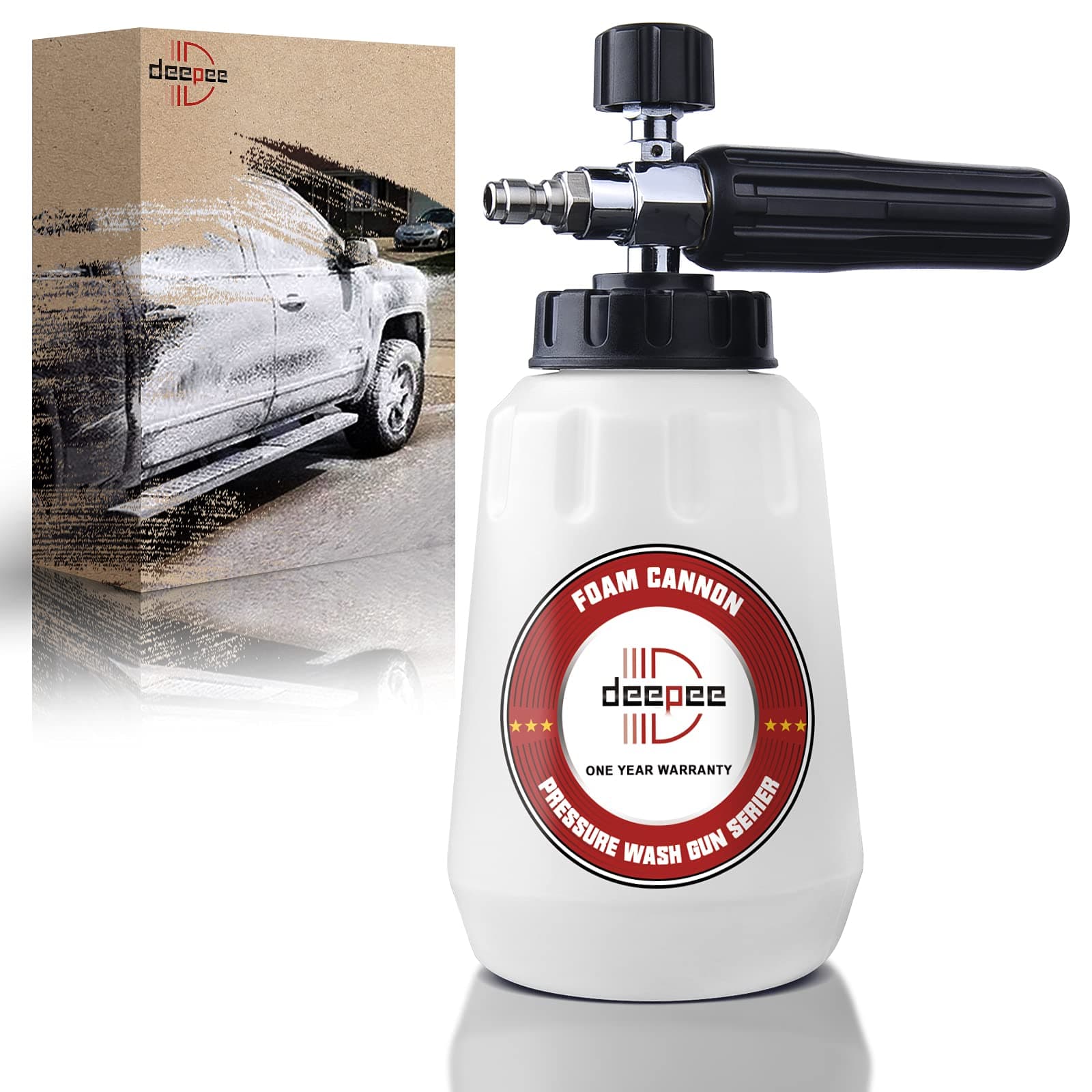 DEEPEE Adjustable Snow Foam Cannon Heavy Duty Lance Blaster Wide Neck Bottle with 1/4'' Quick Connector for Pressure Washer Gun (1 Liter)