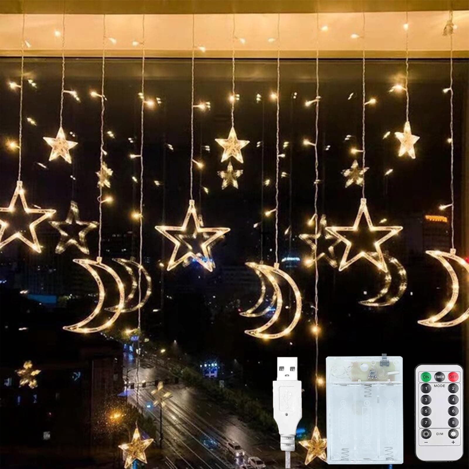 Ramadan Decorations for Home 3.5M Decorative Starry String Curtain Ramadan Lights Moons and Stars LED Night Light for Ramadan Home Decorations Party, USB and Battery Box Powered (Warm White)