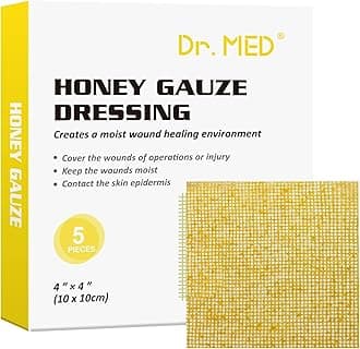 Dr. Med Manuka Honey Gauze Dressing 4" x 4", (5 PCS/Box) Honey Medical Bandage Wound Care Patch for Minor Abrasions, Cuts, Lacerations, Scald and Burns for Wound Healing, Chemical and Drug Free