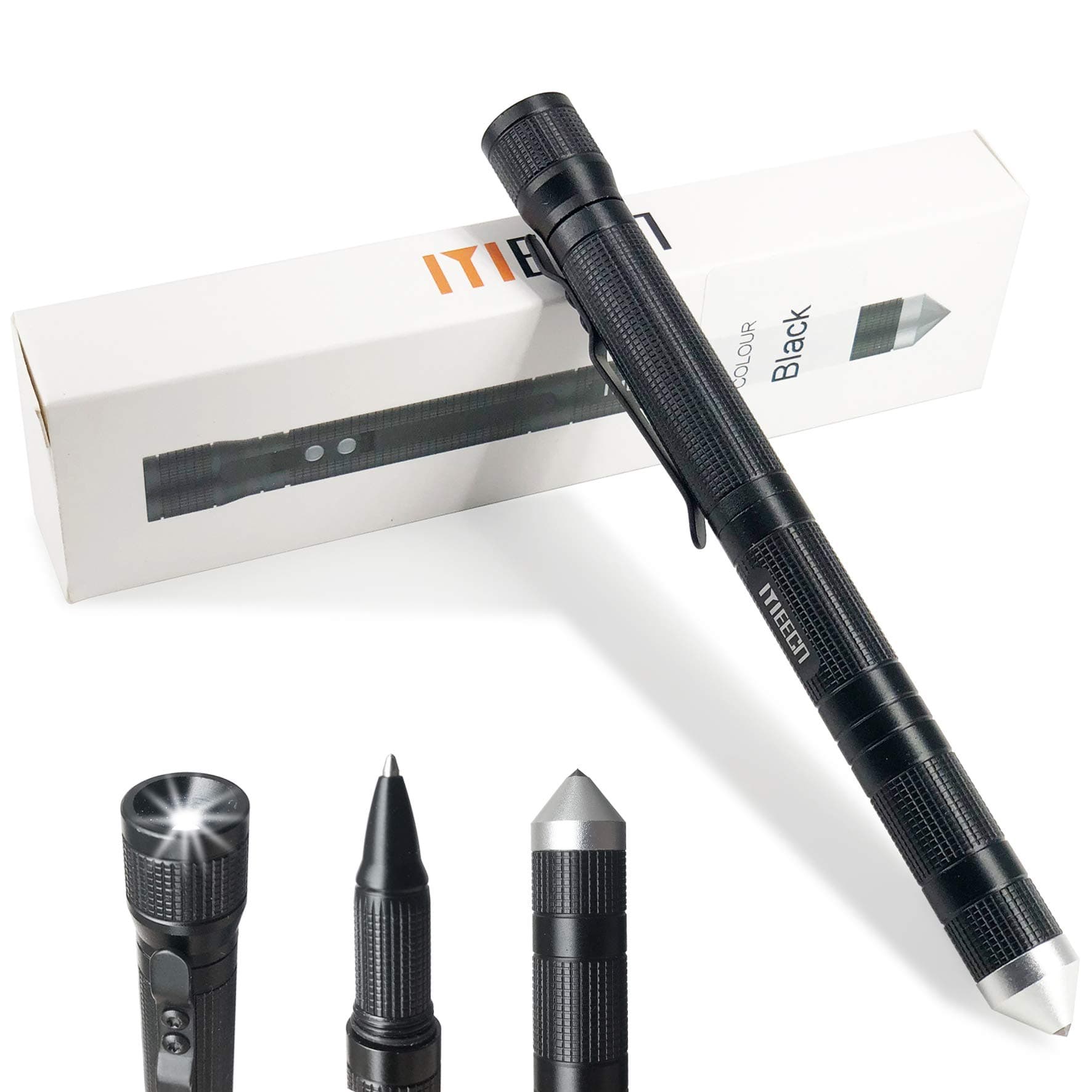 EDC Outdoor Aluminum Tactical Pen and Tactical Flashlight，Features Include Lighting，Writing and Window Breaker (Black)