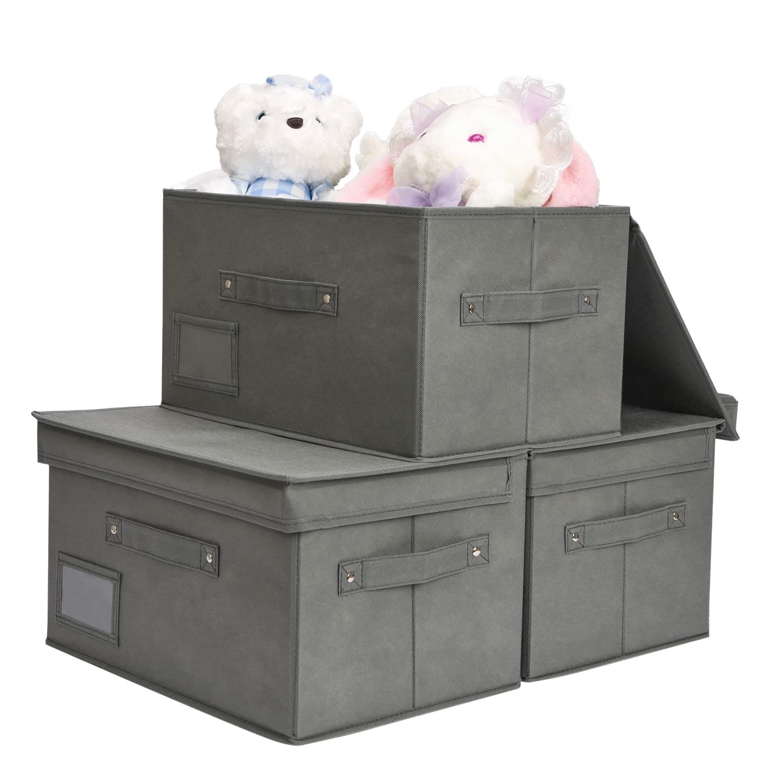 Edergoo Storage Boxes with Lids 3 Pack, Fabric Storage Baskets with Lids & Handles, Foldable Storage Boxes for Shelves, Wardrobe, Closet
